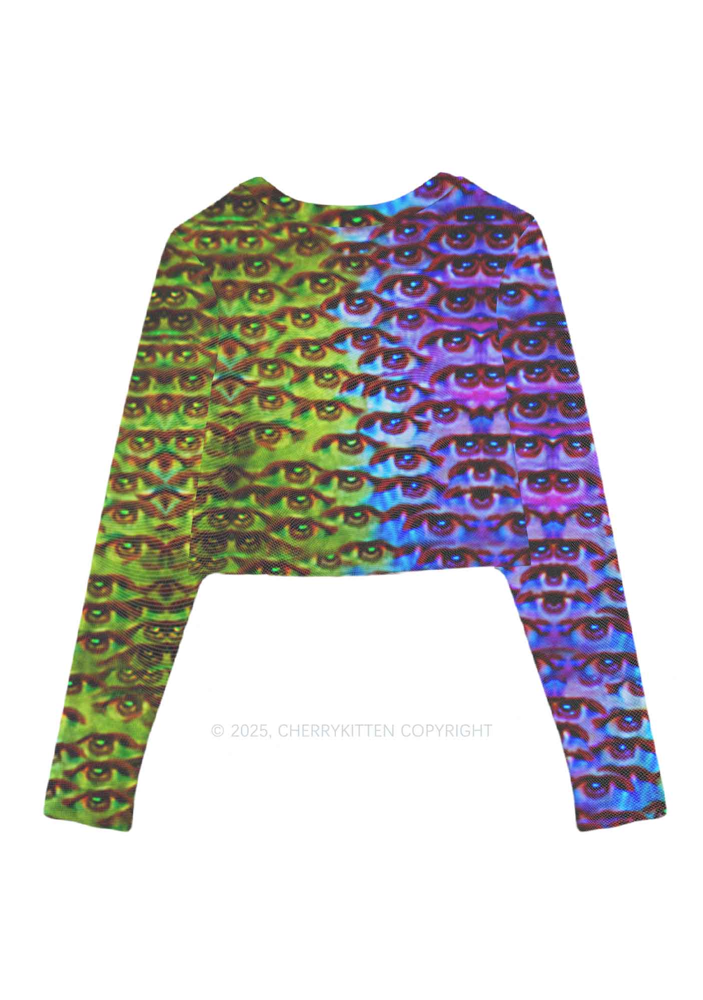 Halloween Spectrum Eyes Y2K Mesh Long Sleeve Crop Top Cherrykitten