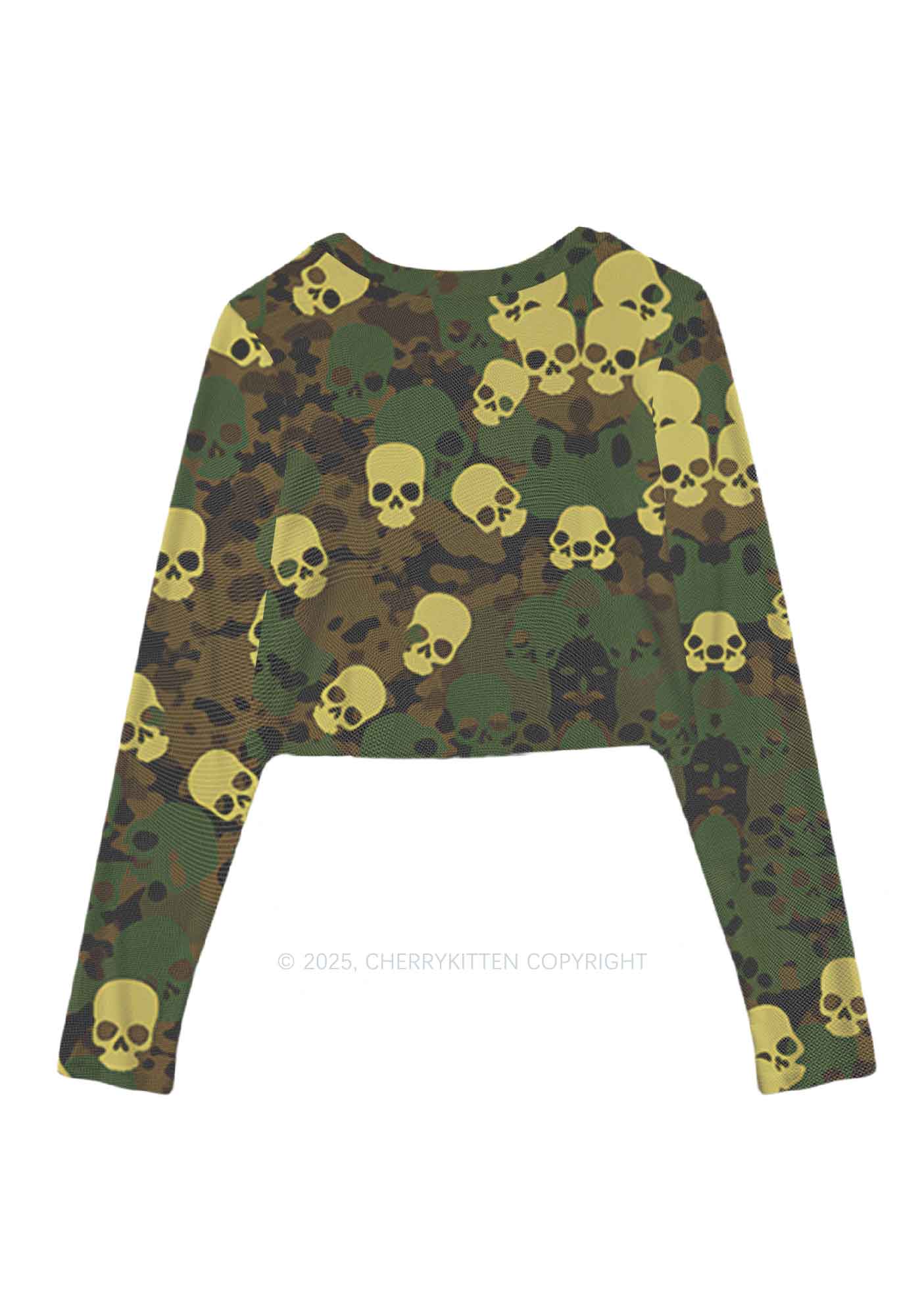 Halloween Camouflage Skull Y2K Mesh Long Sleeve Crop Top Cherrykitten