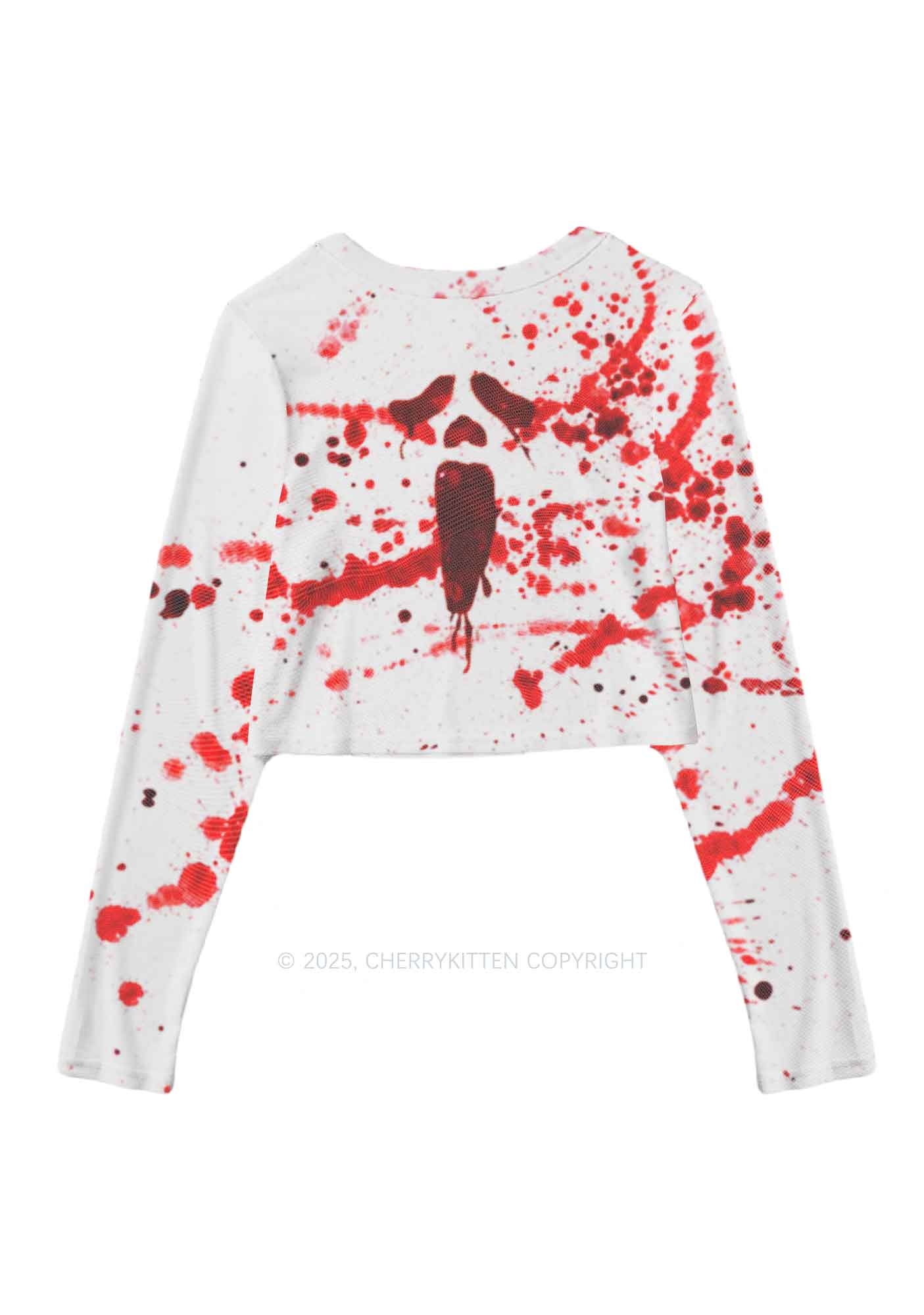 Halloween Bloody Ghost Y2K Mesh Long Sleeve Crop Top Cherrykitten