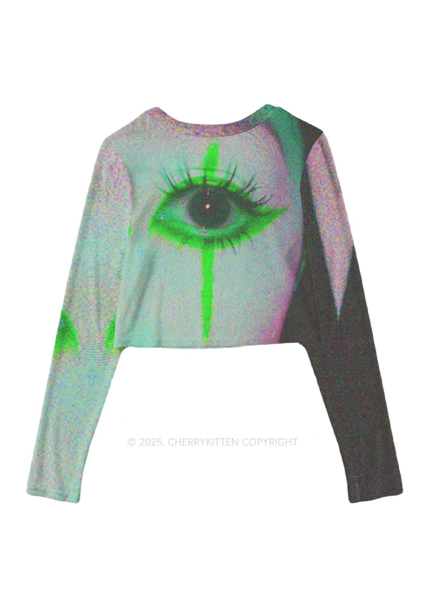 Halloween Cry Eye Y2K Mesh Long Sleeve Crop Top Cherrykitten