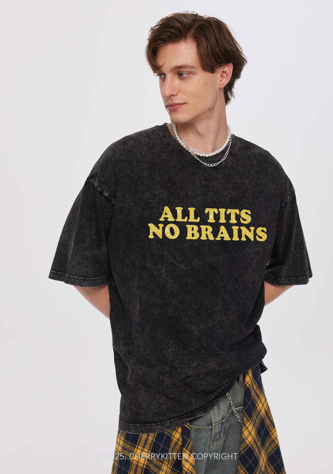 Glitter All Txts No Brains Y2K Shirts Washed Tee Cherrykitten