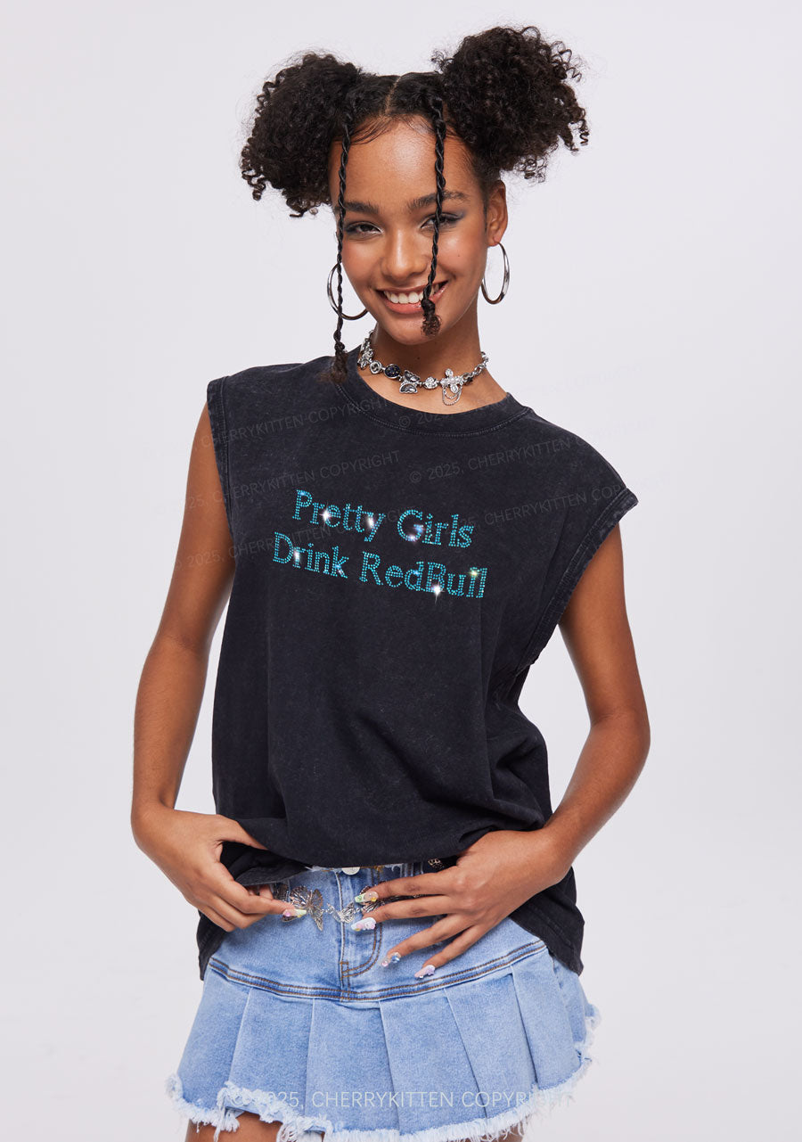 Rhinestone Pretty Girls Drink Redbull Y2K Washed Muscle Tank Cherrykitten