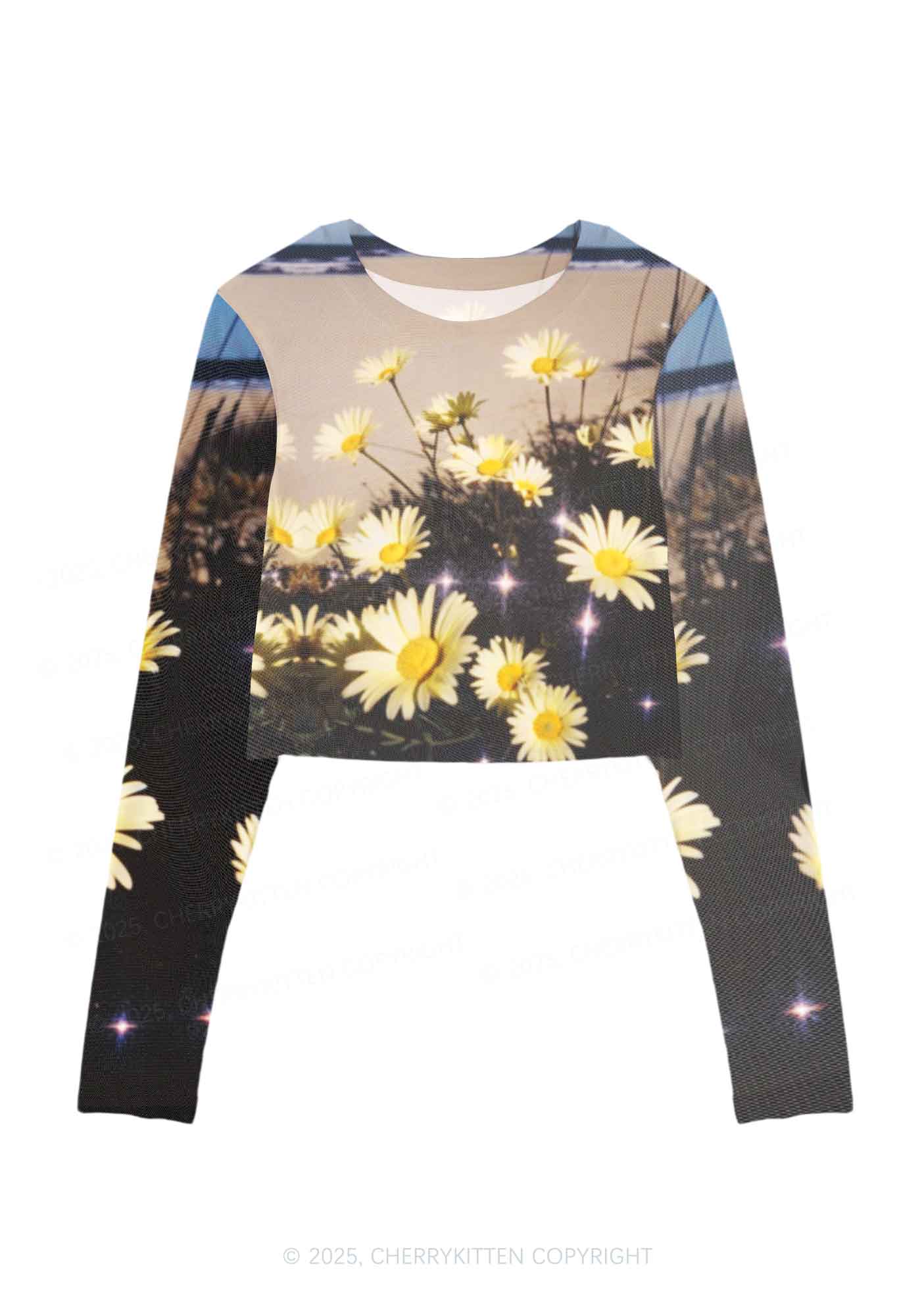 Yellow Daisy Y2K Mesh Long Sleeve Crop Top Cherrykitten