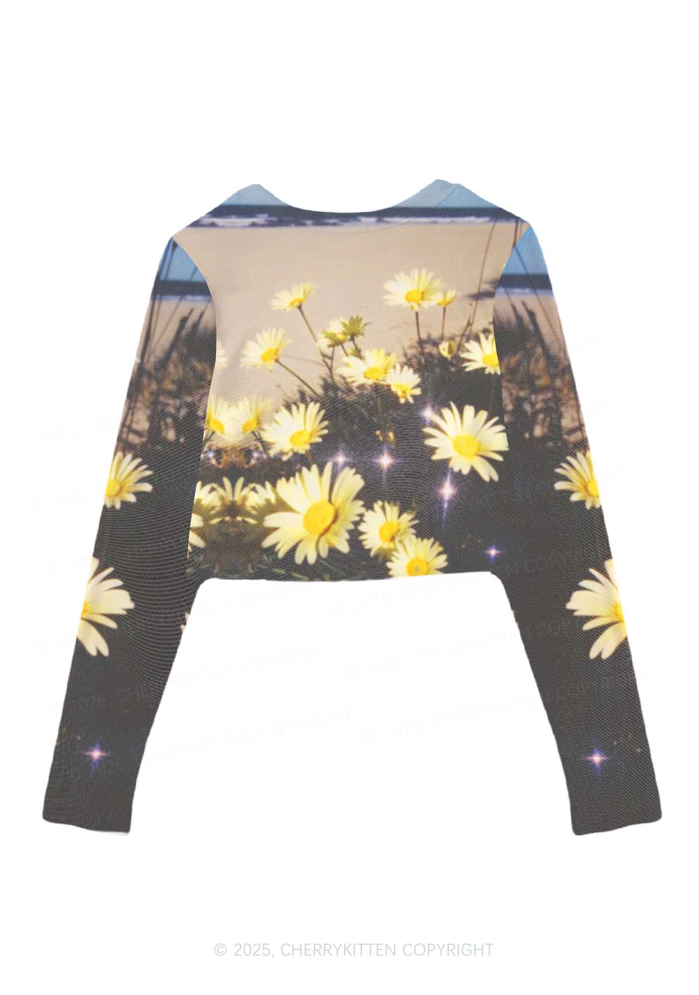 Yellow Daisy Y2K Mesh Long Sleeve Crop Top Cherrykitten