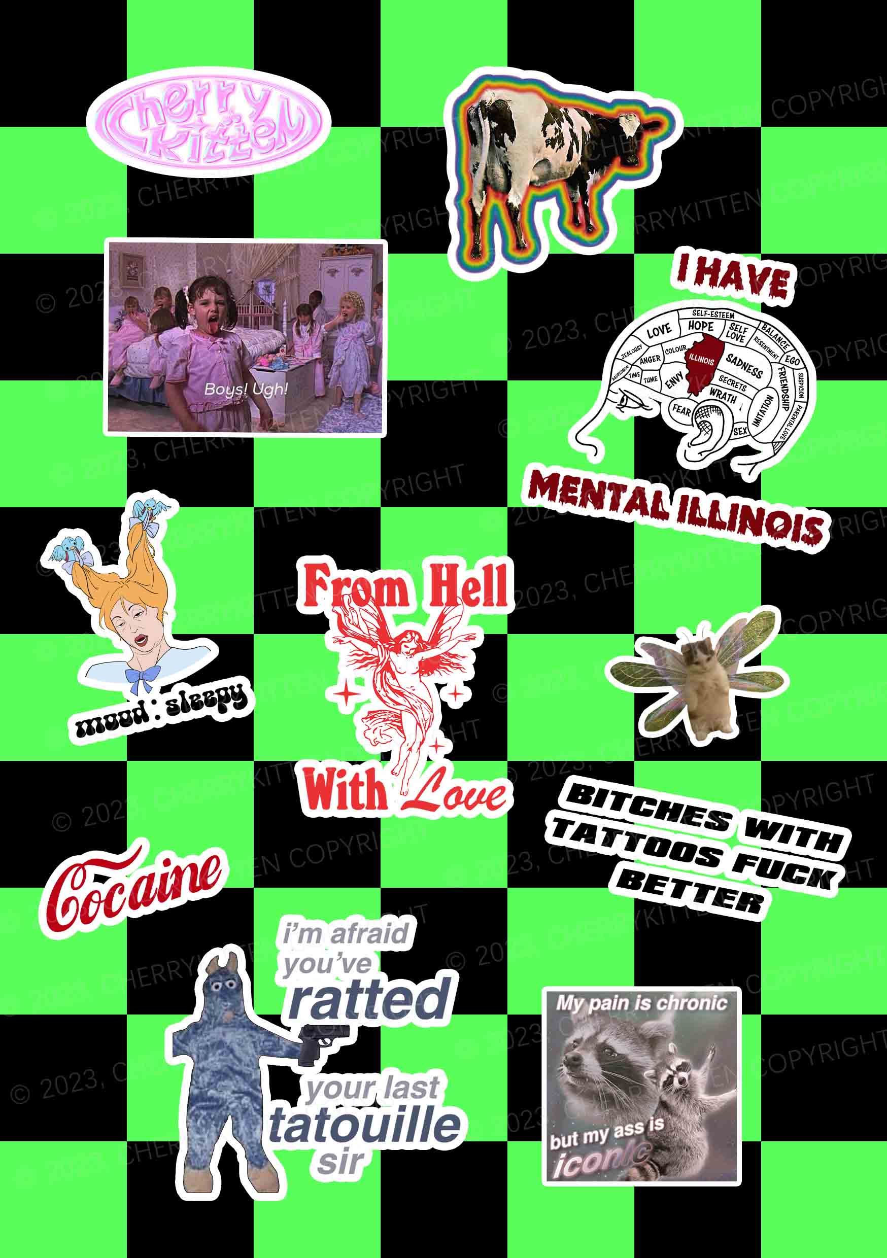 Cherrykitten Cherrykitten Favorites Green Y2K Stickers Pack Of 11 for Sale