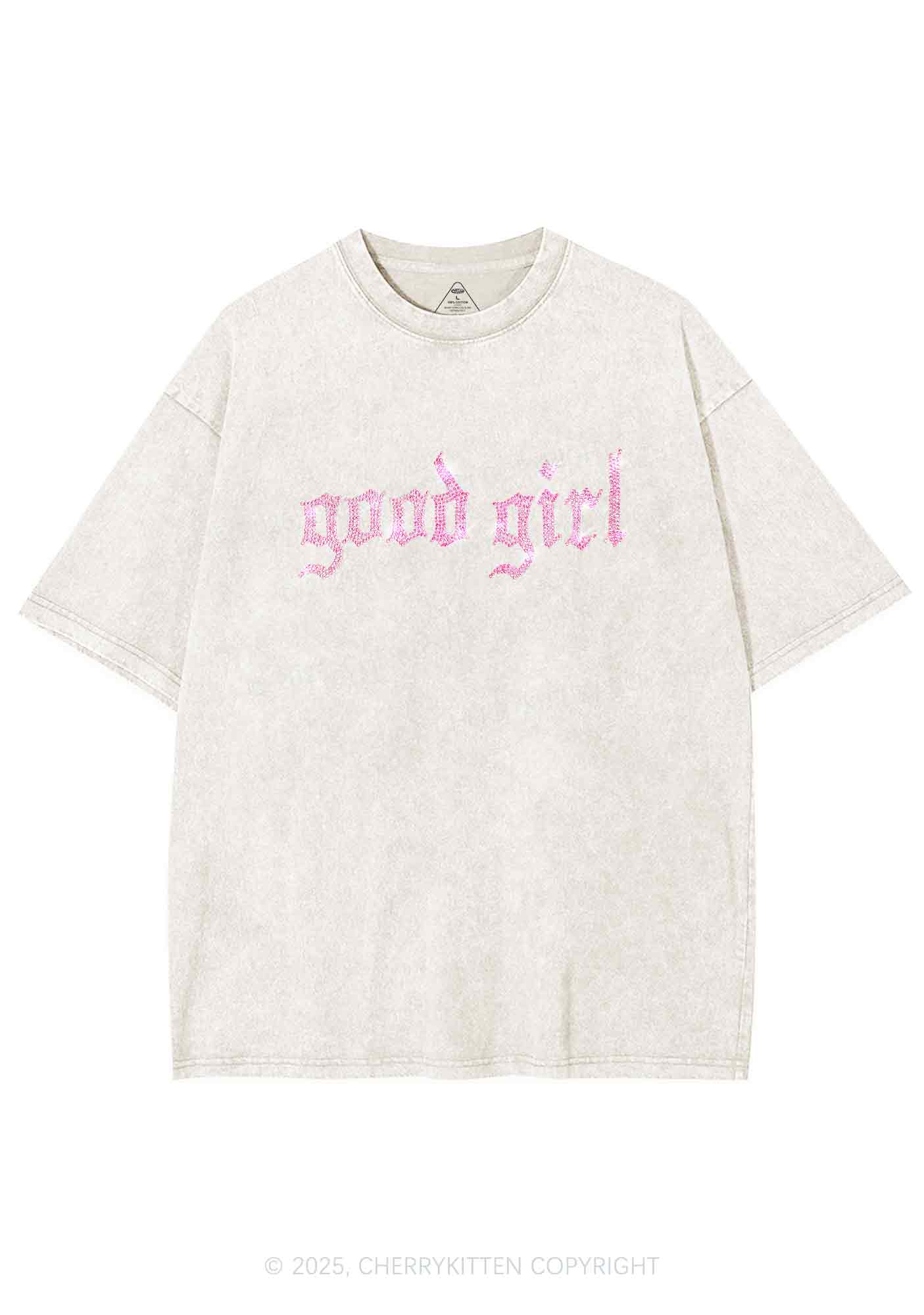 Rhinestone Good Girl Y2K Shirts Washed Tee Cherrykitten