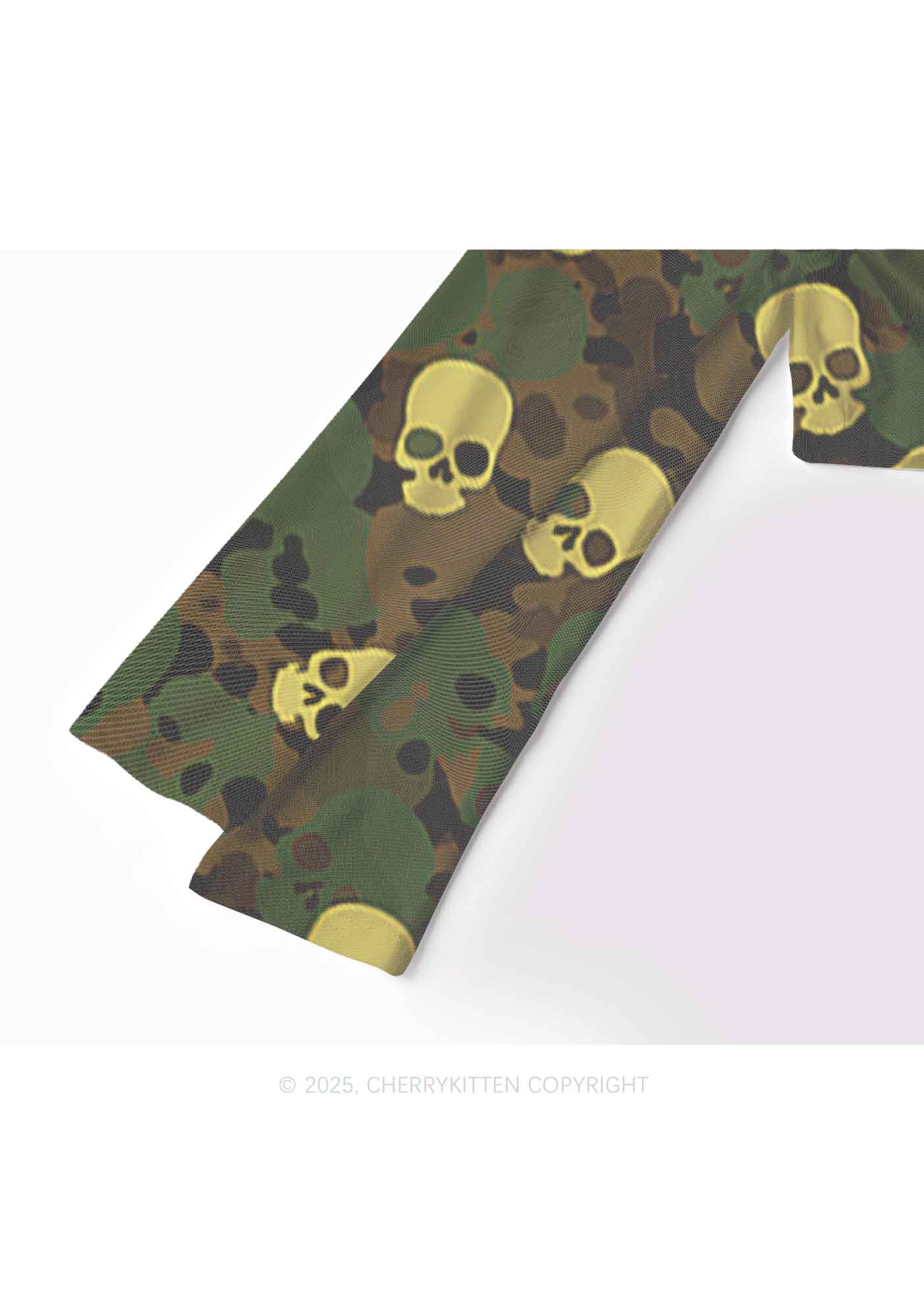 Halloween Camouflage Skull Y2K Mesh Long Sleeve Crop Top Cherrykitten