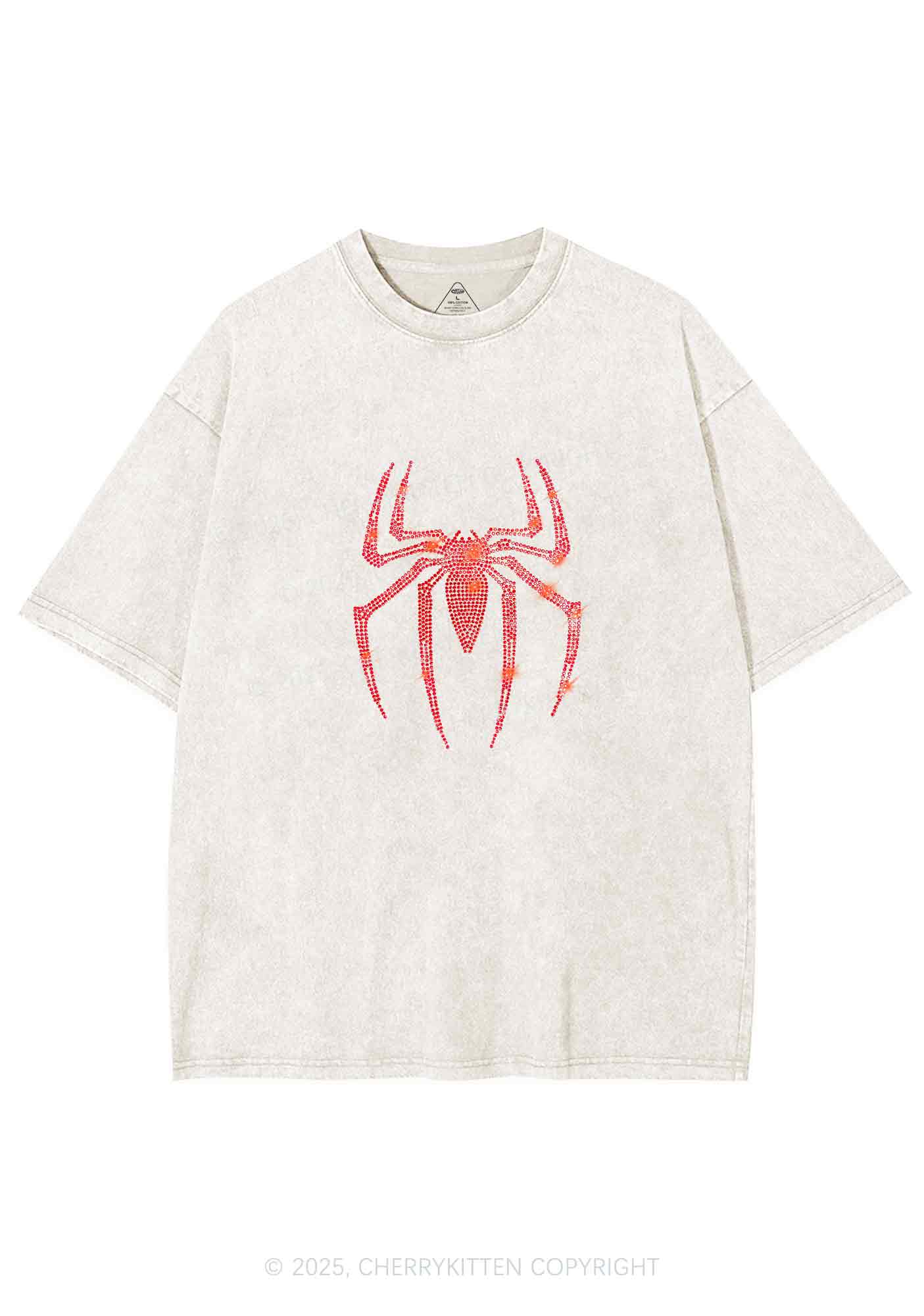 Rhinestone Red Spider Y2K Shirts Washed Tee Cherrykitten