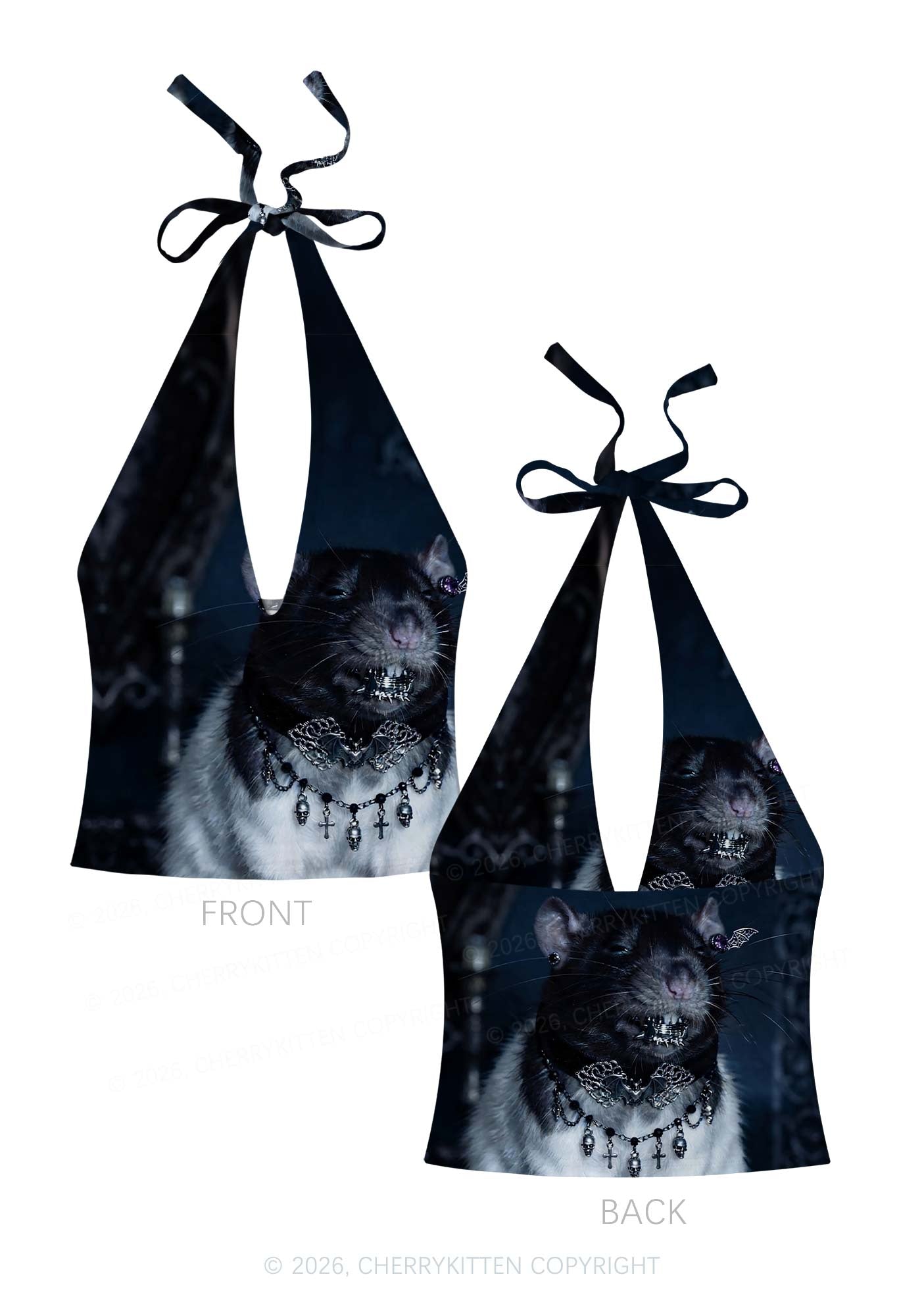 Gothic Jewelry Rat Y2K Print Halter Deep V Neck Cami Cherrykitten