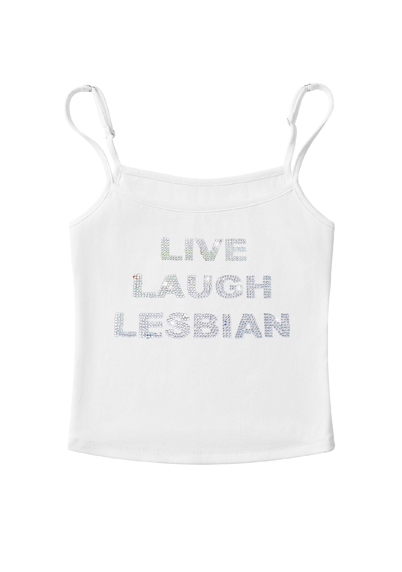 Rhinestone Live Laugh Lesbian Pride Y2K Spaghetti Strap Cami Cherrykitten
