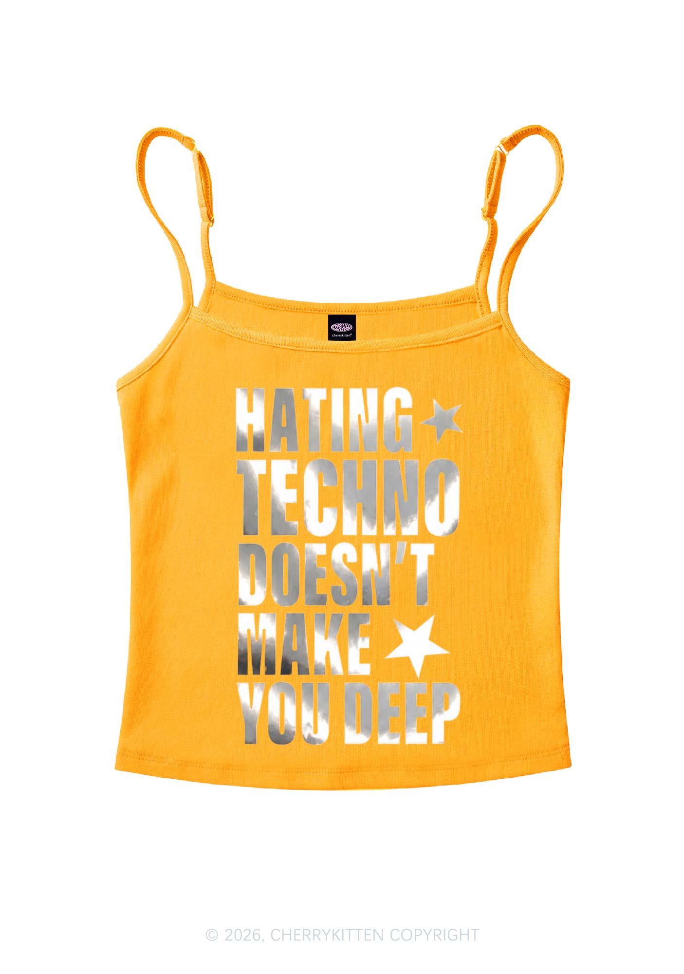 Hating Techno Silver Foil Printed Y2K Spaghetti Strap Cami Cherrykitten