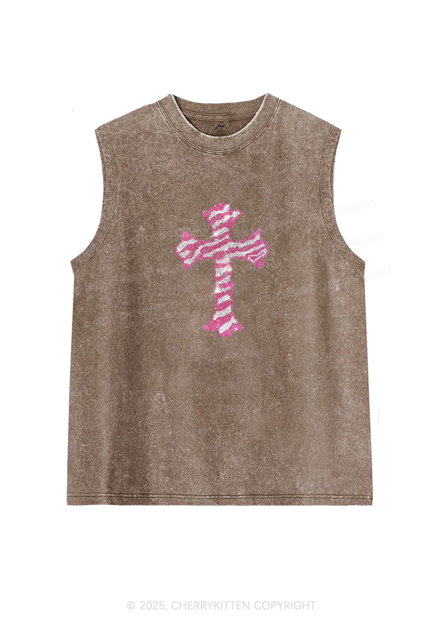 Rhinestone Pink Cross Y2K Washed Muscle Tank Cherrykitten