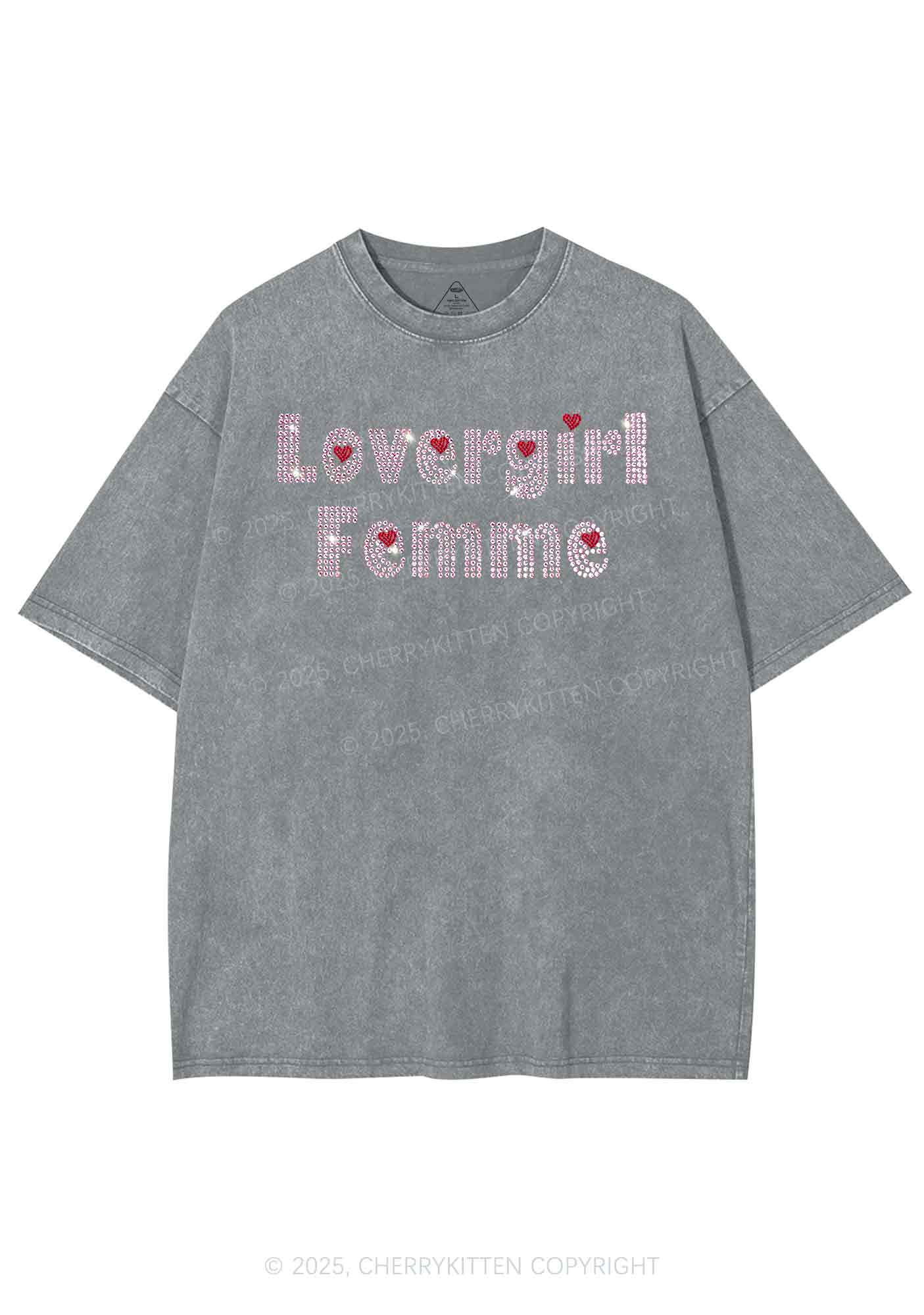 Rhinestone Lovergirl Femme Y2K Shirts Washed Tee Cherrykitten