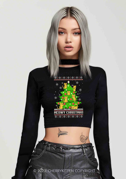 Snowflake Meowy Christmas Tree Y2K Long Sleeve Crop Top Cherrykitten