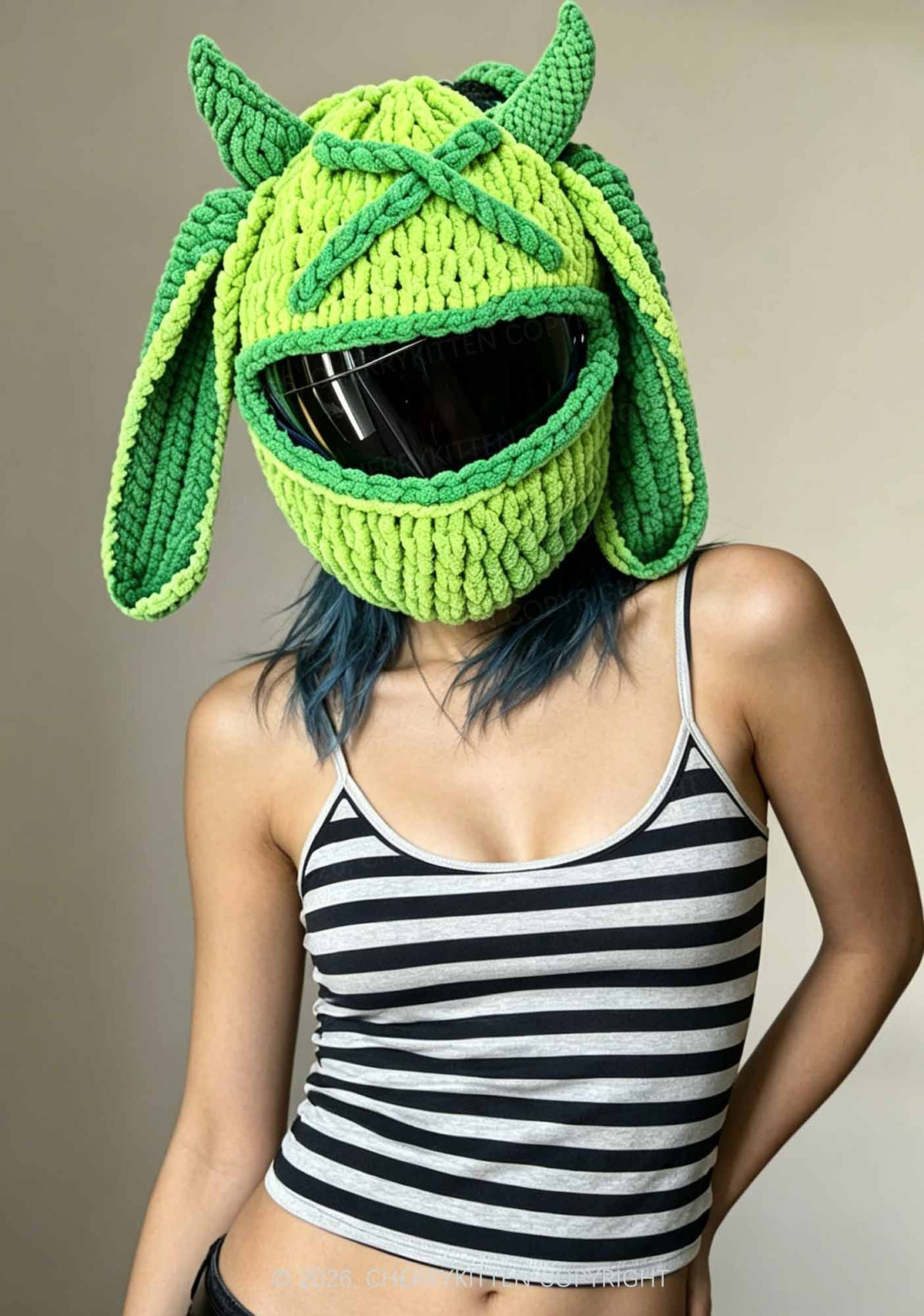 Halloween Green Bunny Horn Y2K Motorcycle Helmet Cover Cherrykitten