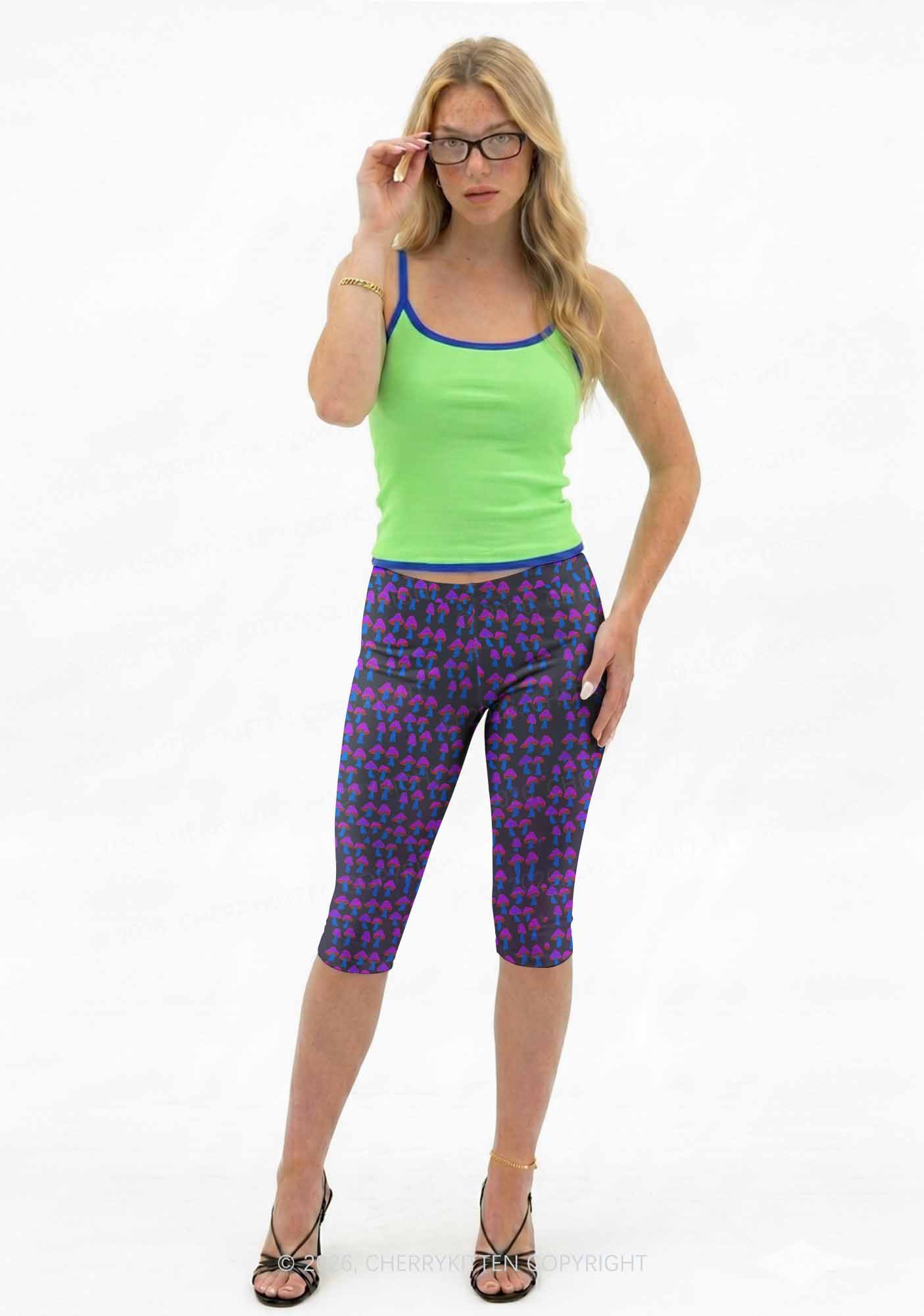 Blue Mushroom Y2K Print Capri Pants Cherrykitten
