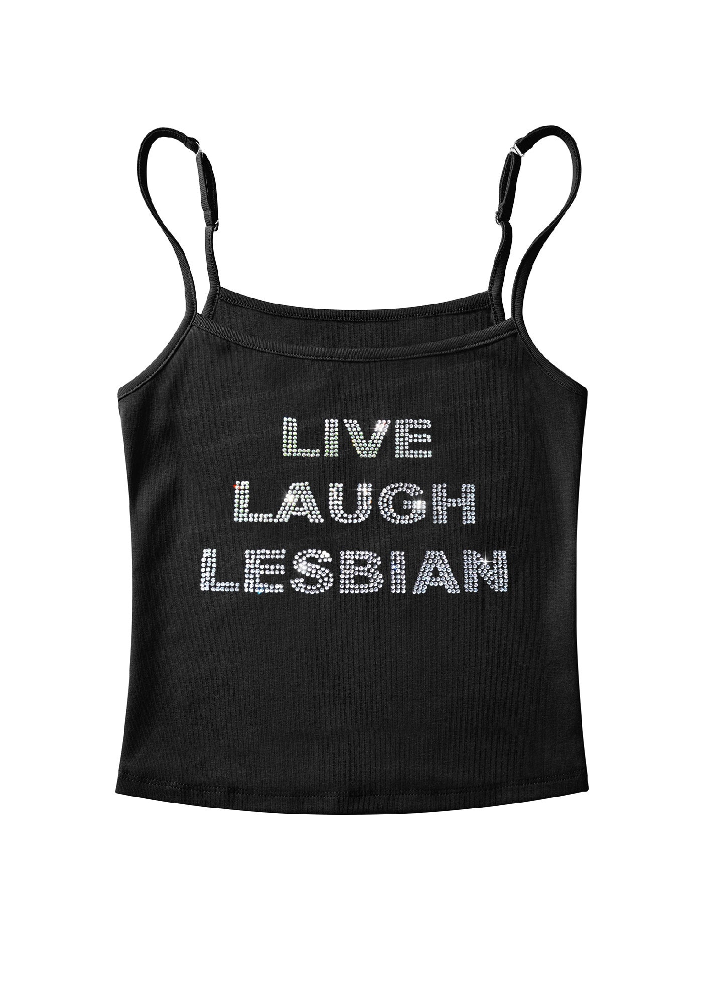 Rhinestone Live Laugh Lesbian Pride Y2K Spaghetti Strap Cami Cherrykitten