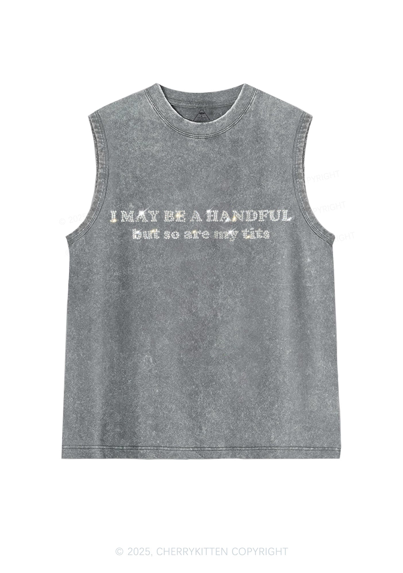 Rhinestone I May Be A Handful Y2K Washed Muscle Tank Cherrykitten