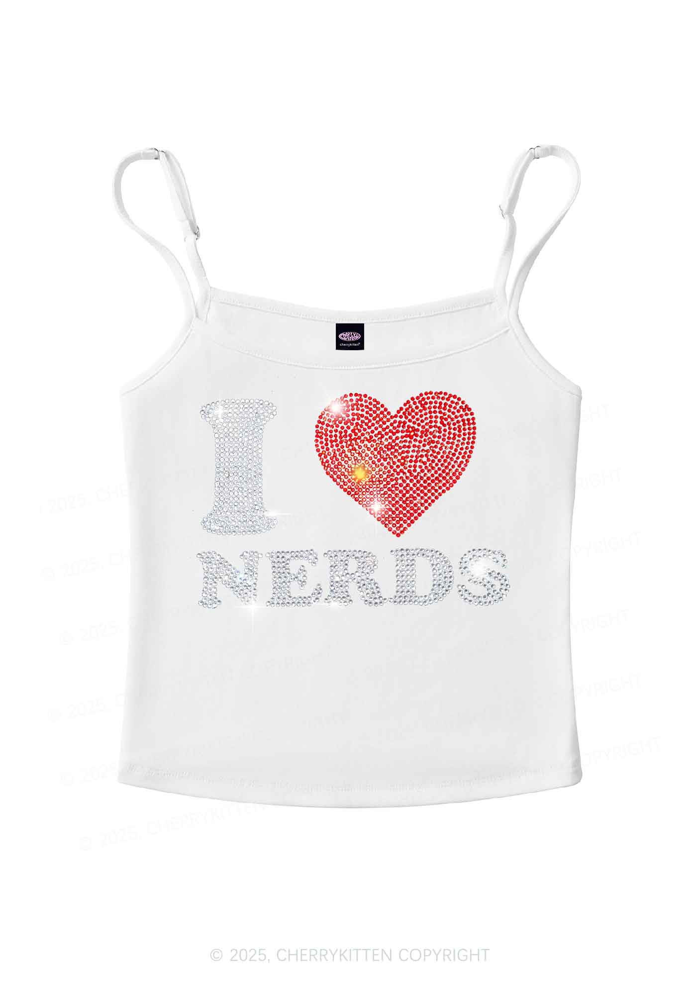 Rhinestone I Love Nerds Y2K Spaghetti Strap Cami Cherrykitten