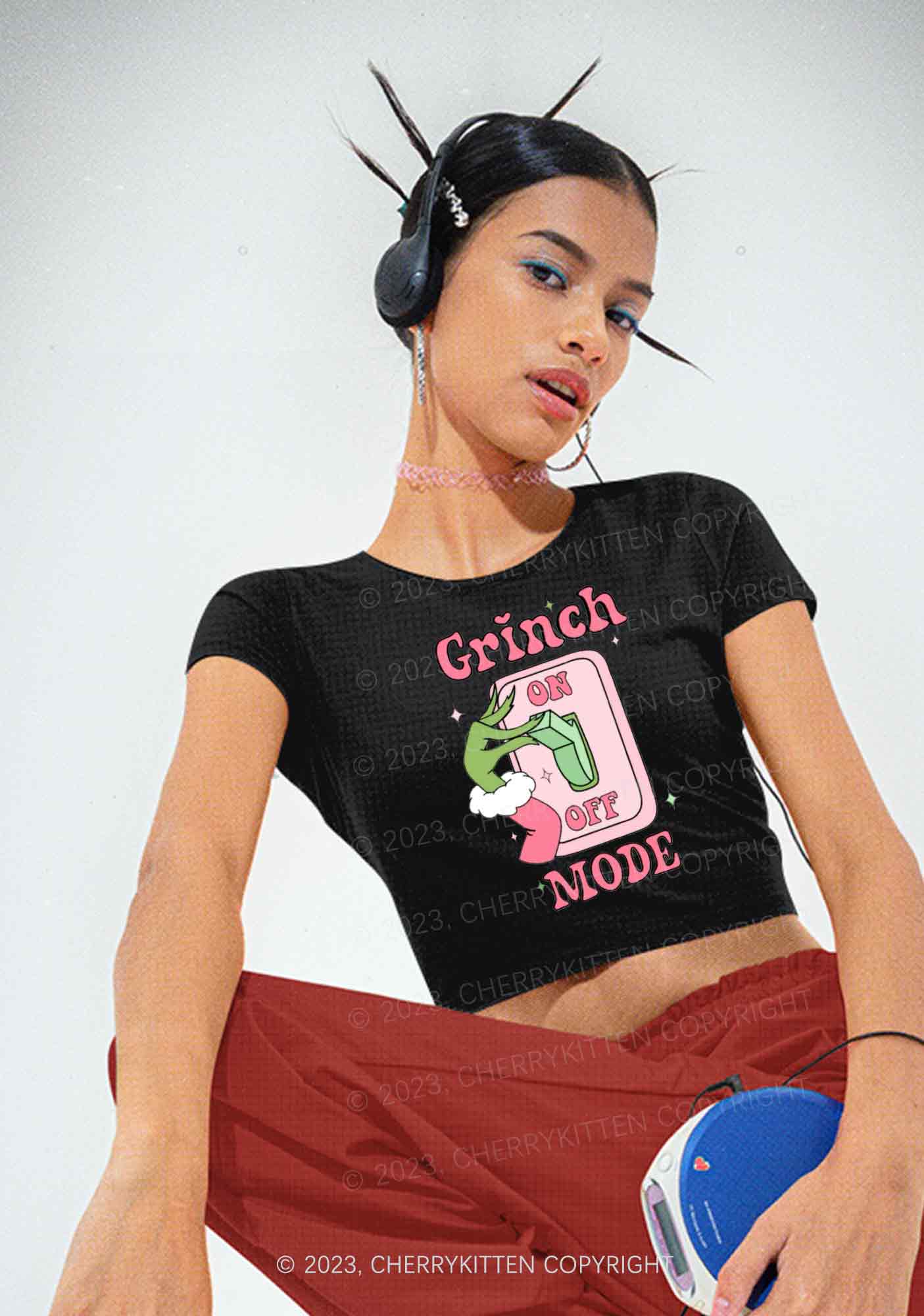 On Off Mode Christmas Y2K Baby Tee Cherrykitten