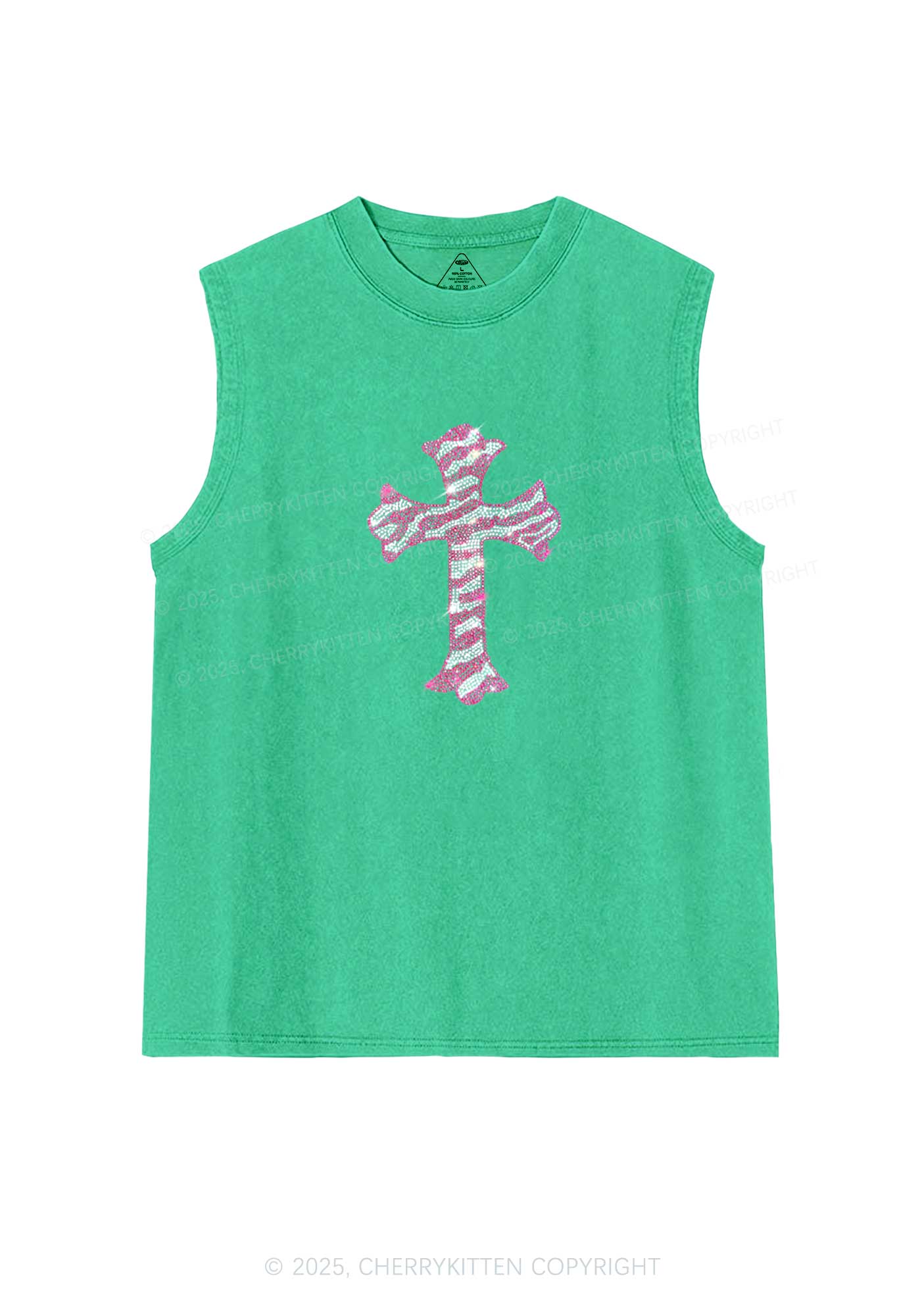 Rhinestone Pink Cross Y2K Washed Muscle Tank Cherrykitten