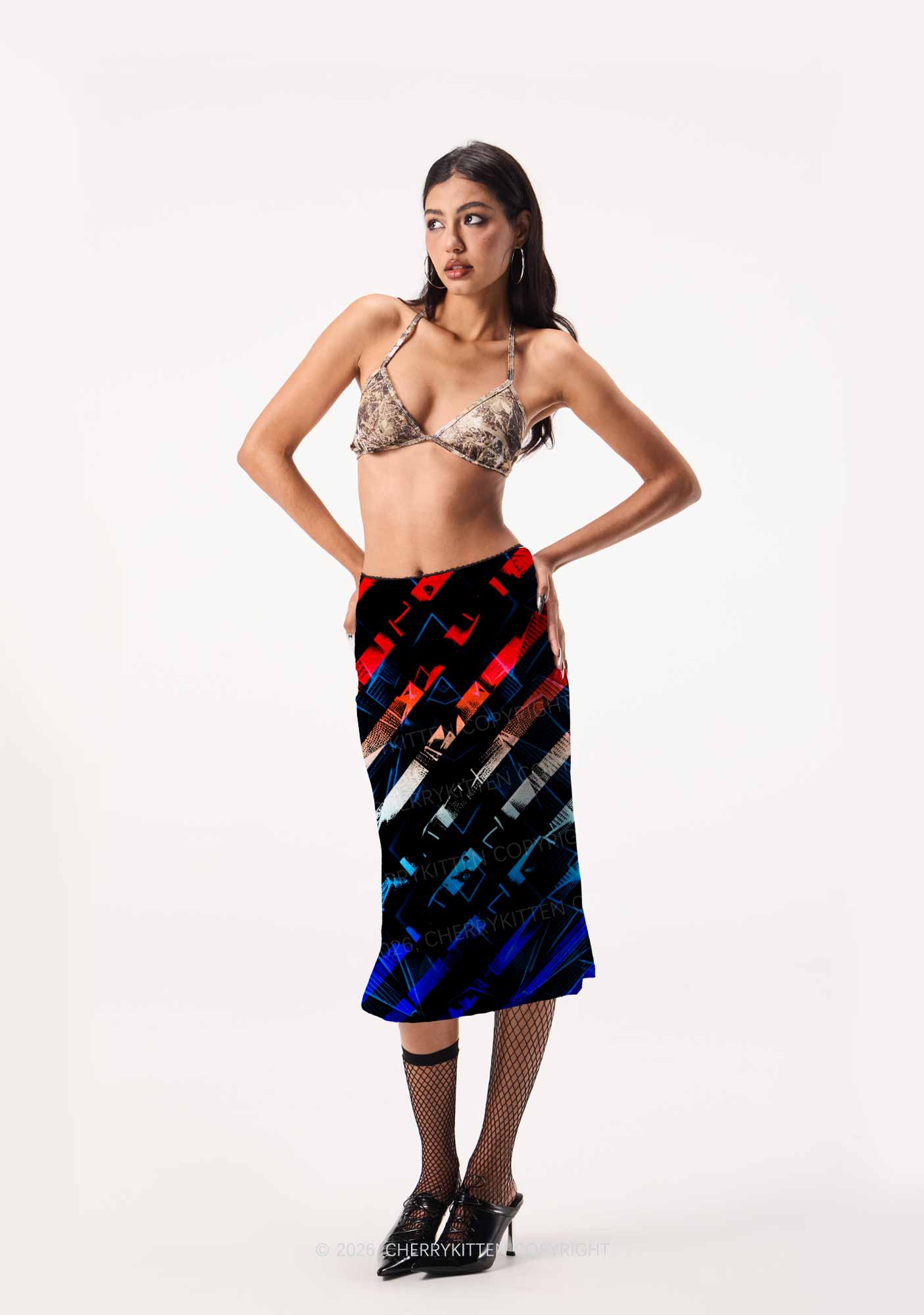 Red Blue Gradient Diagonal Stripe Y2K Print Midi Skirt Cherrykitten