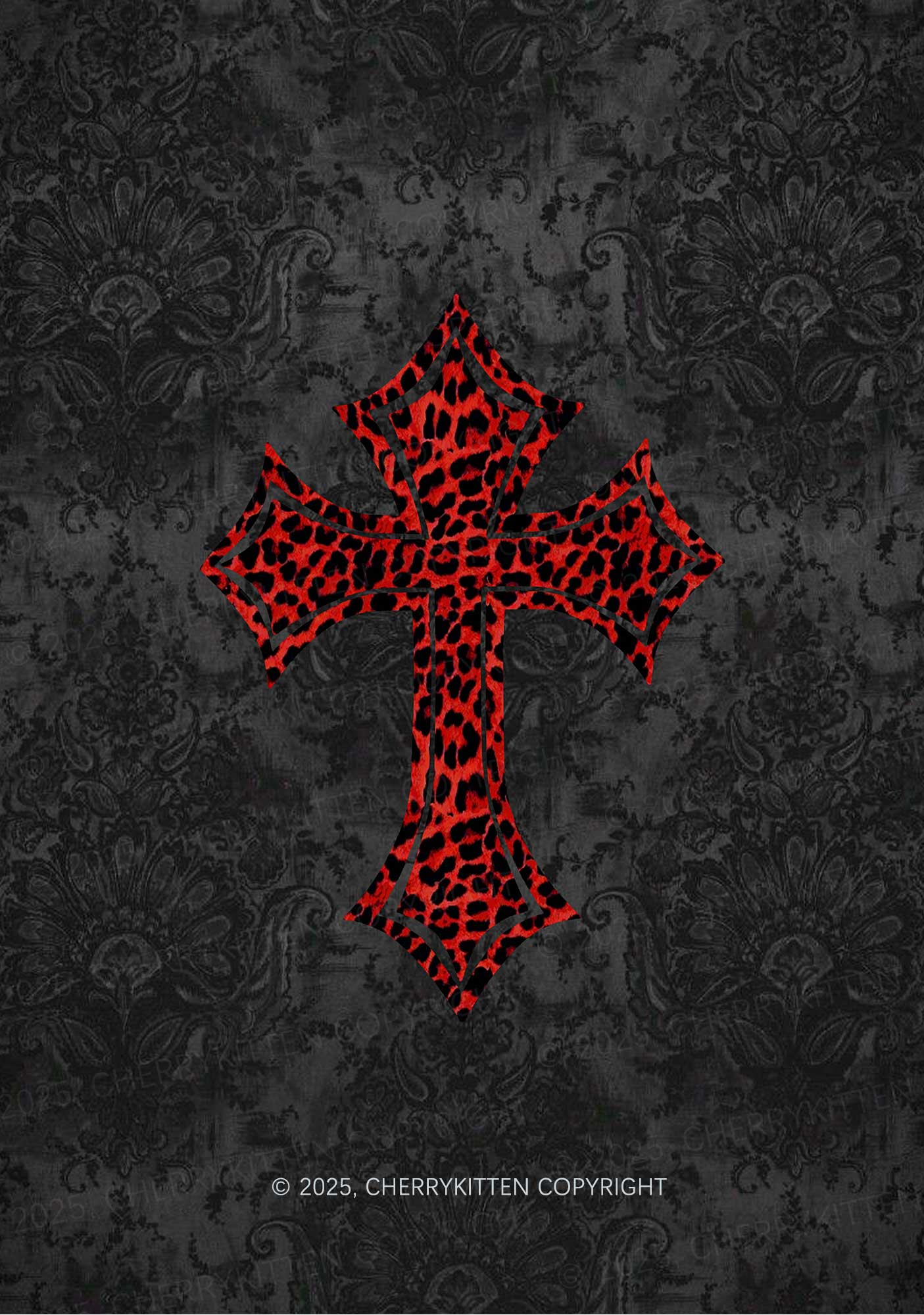 Dark Leopard Cross Y2K Mesh Long Sleeve Crop Top Cherrykitten