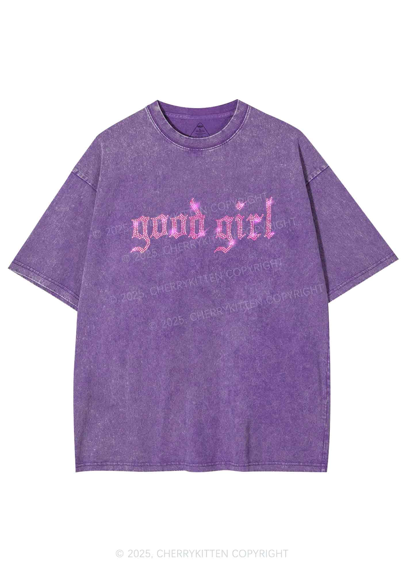 Rhinestone Good Girl Y2K Shirts Washed Tee Cherrykitten