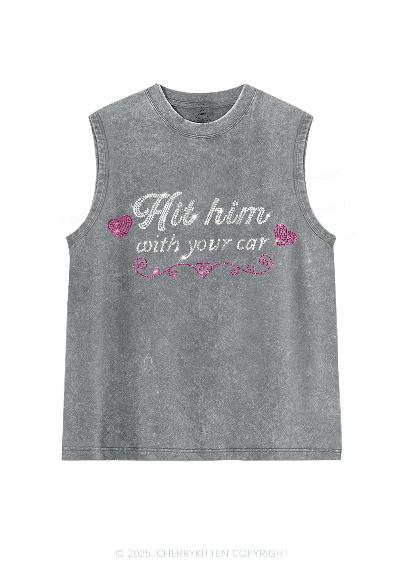Rhinestone Hit Him Y2K Washed Muscle Tank Cherrykitten