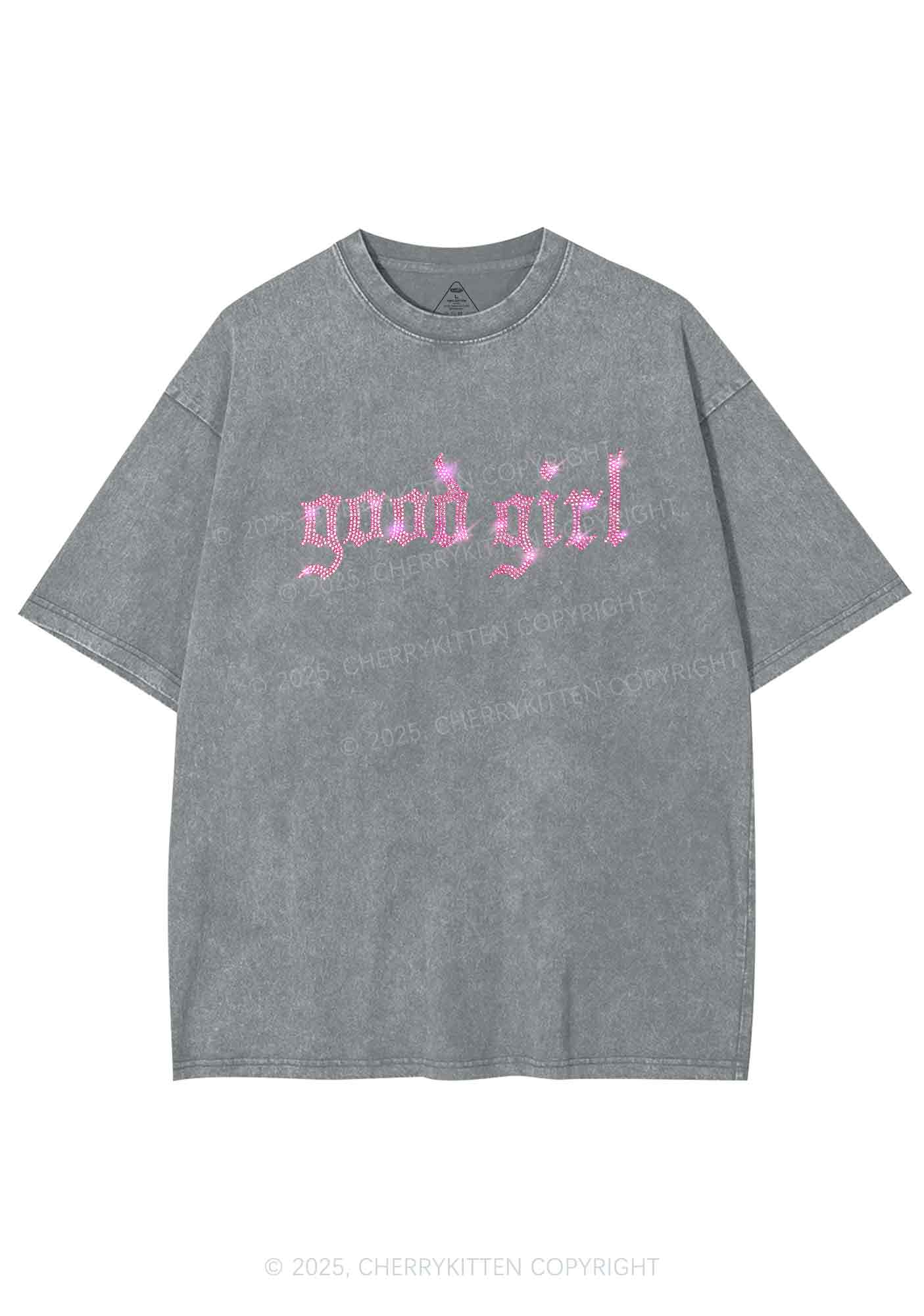 Rhinestone Good Girl Y2K Shirts Washed Tee Cherrykitten