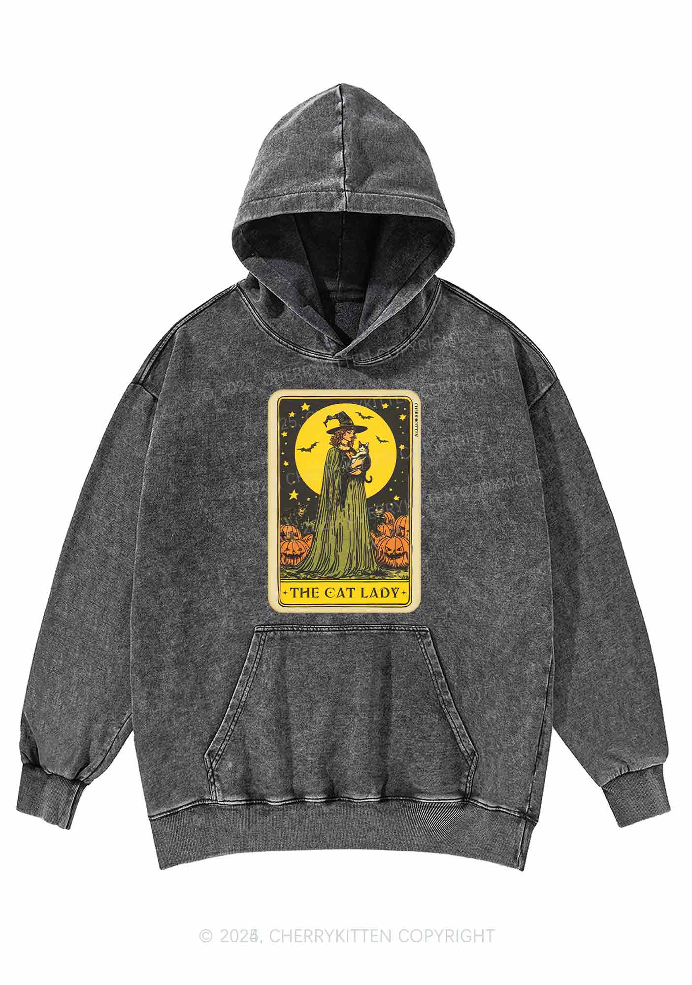 Halloween The Witch Cat Lady Y2K Washed Hoodie Cherrykitten