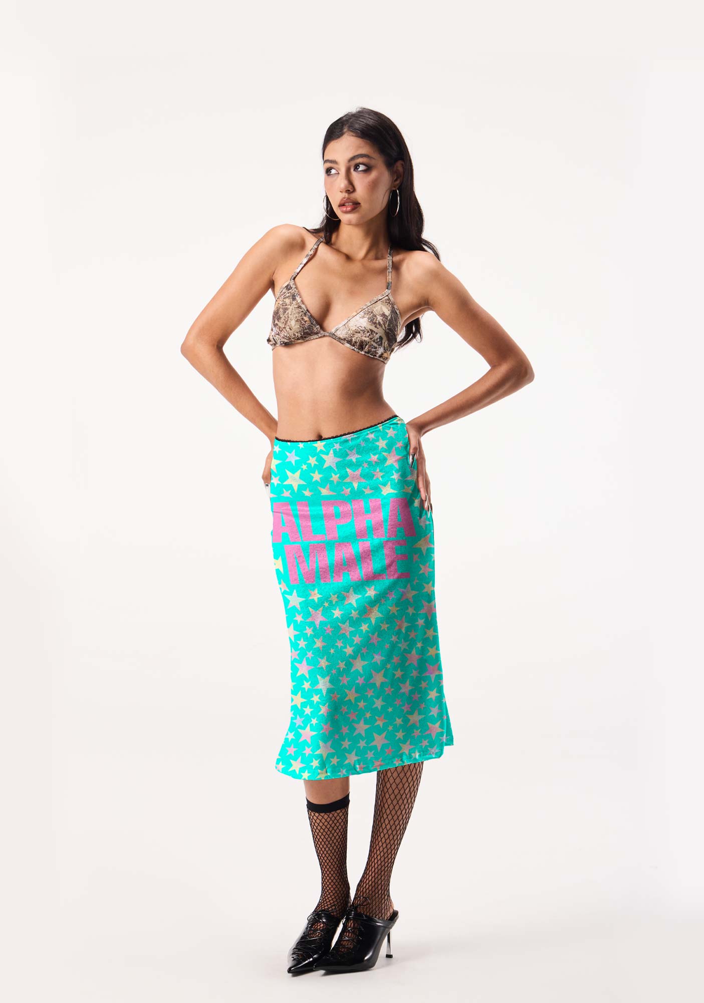 Blue Alpha Male Star Y2K Print Midi Skirt Cherrykitten