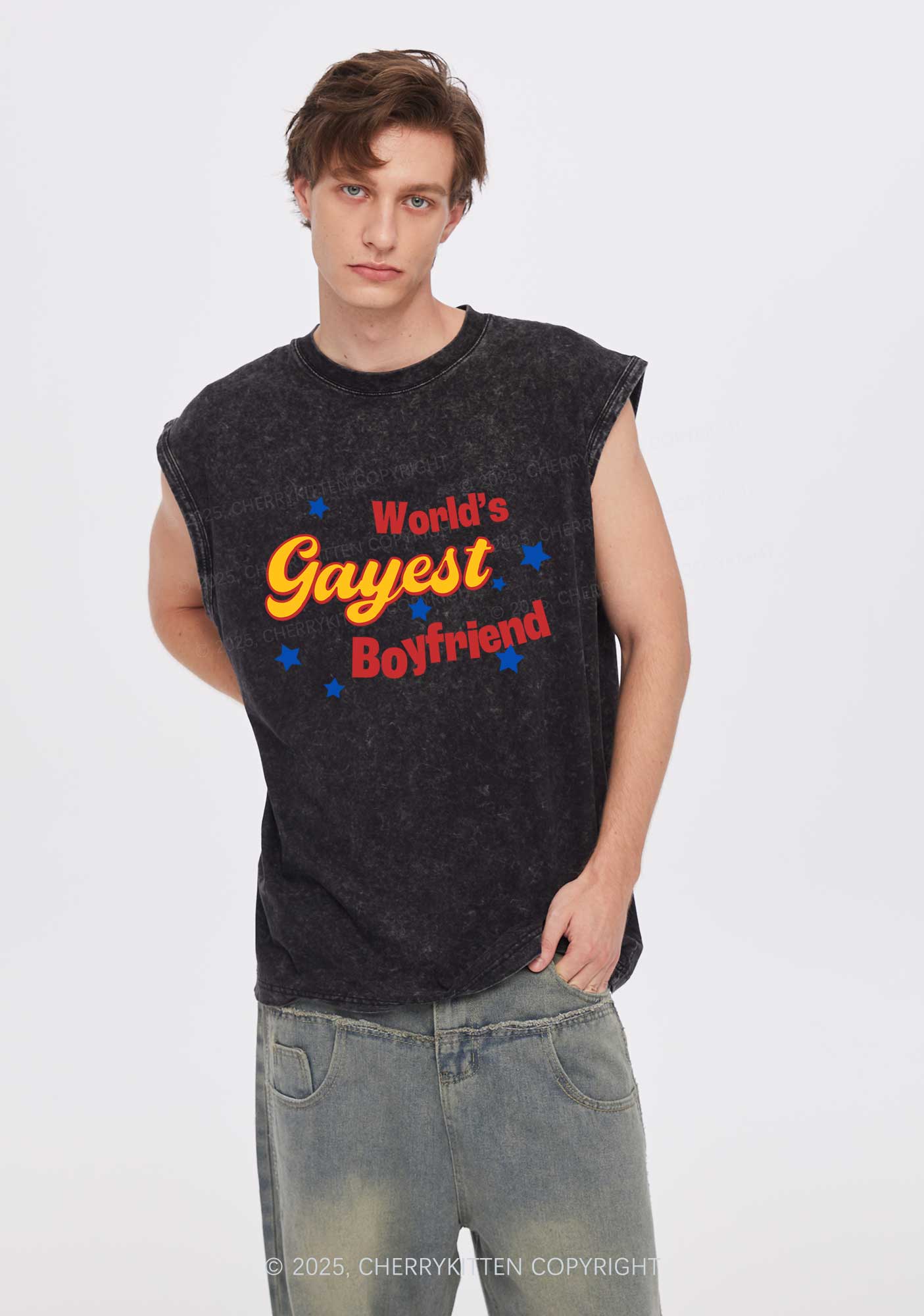 Worlds Gayest Boyfriend Pride Y2K Washed Muscle Tank Cherrykitten