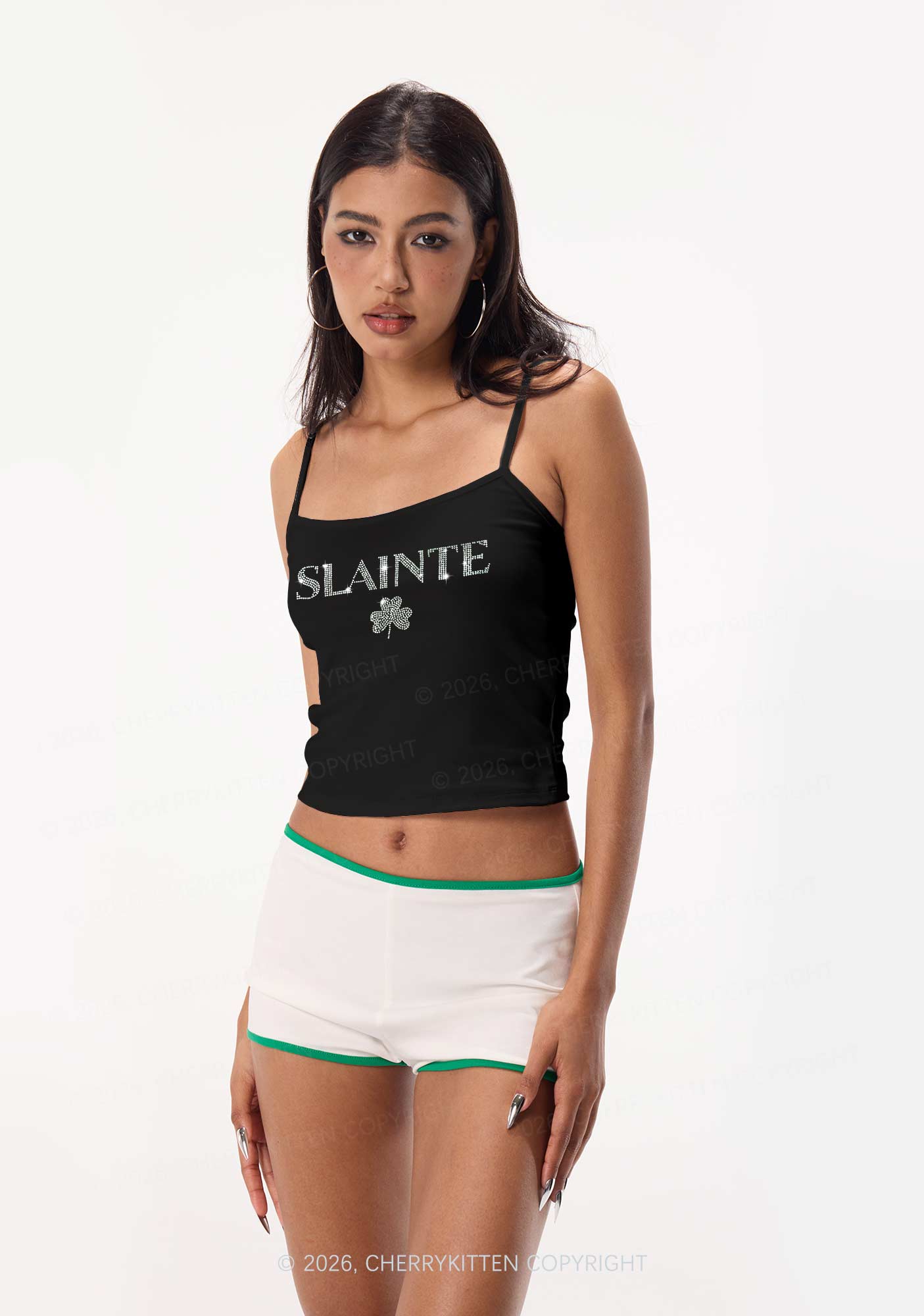 Rhinestone Slainte St Patricks Y2K Spaghetti Strap Cami Cherrykitten
