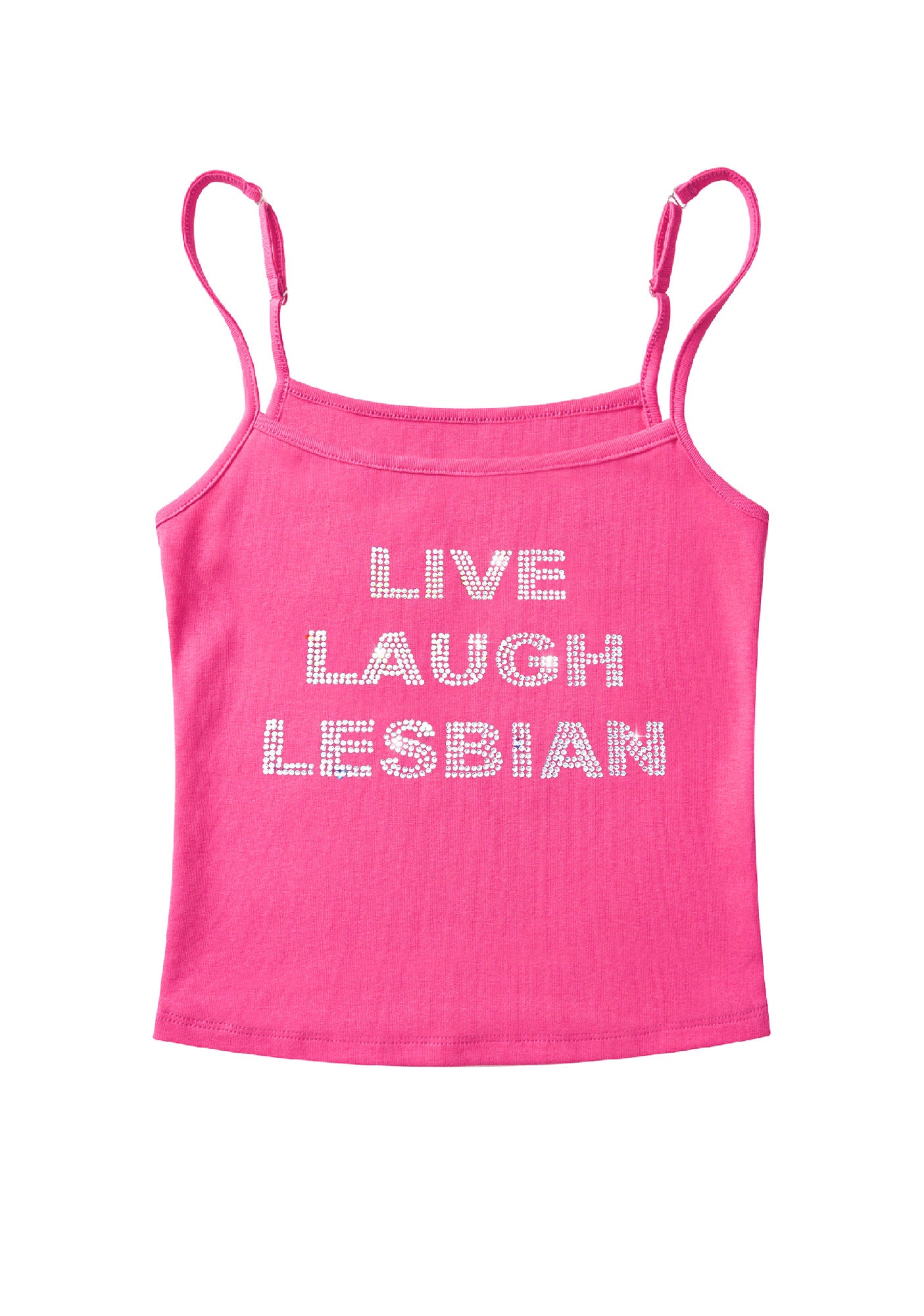 Rhinestone Live Laugh Lesbian Pride Y2K Spaghetti Strap Cami Cherrykitten