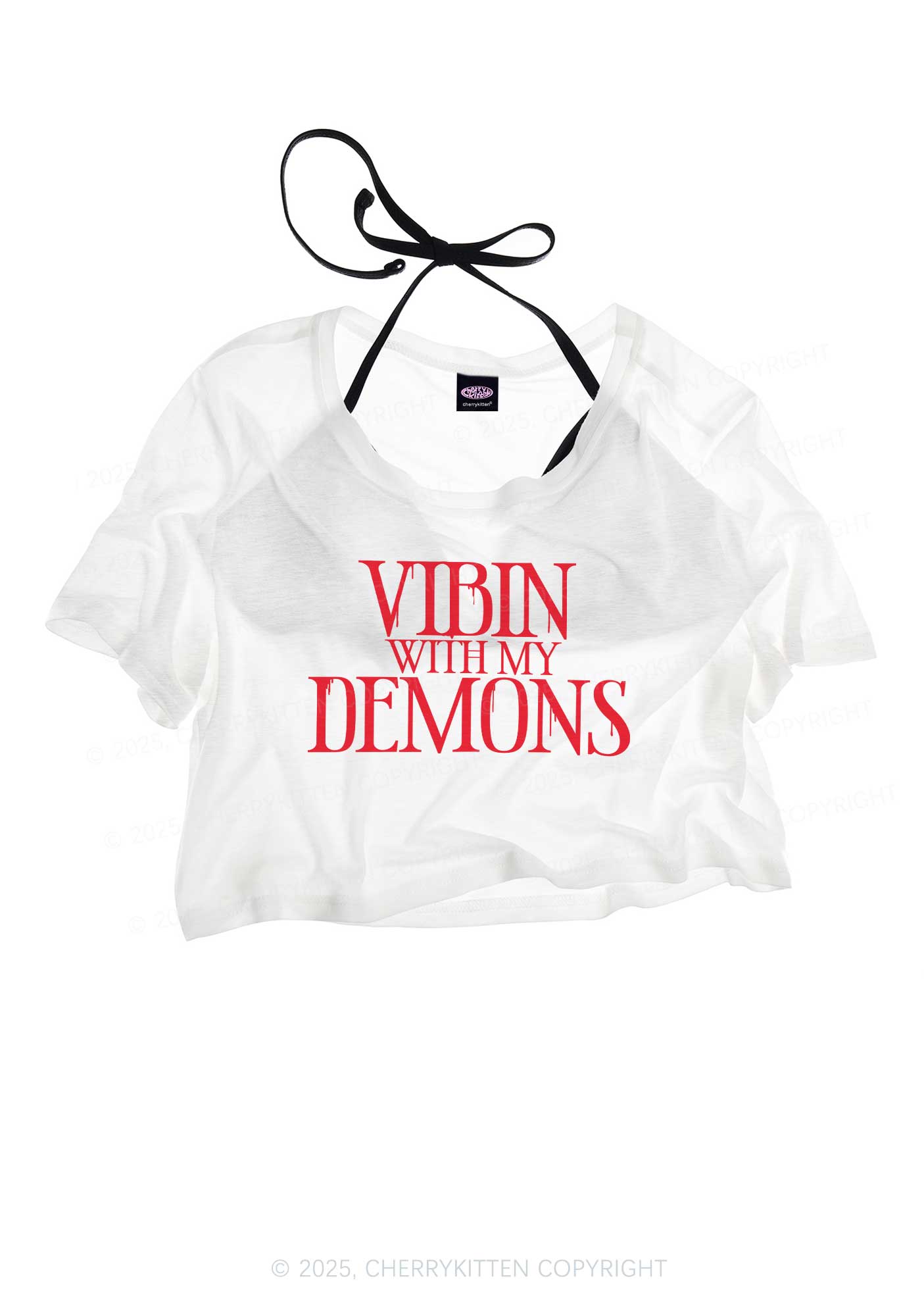 Halloween Vibin With My Demons Y2K Sheer Crop Tee Cherrykitten