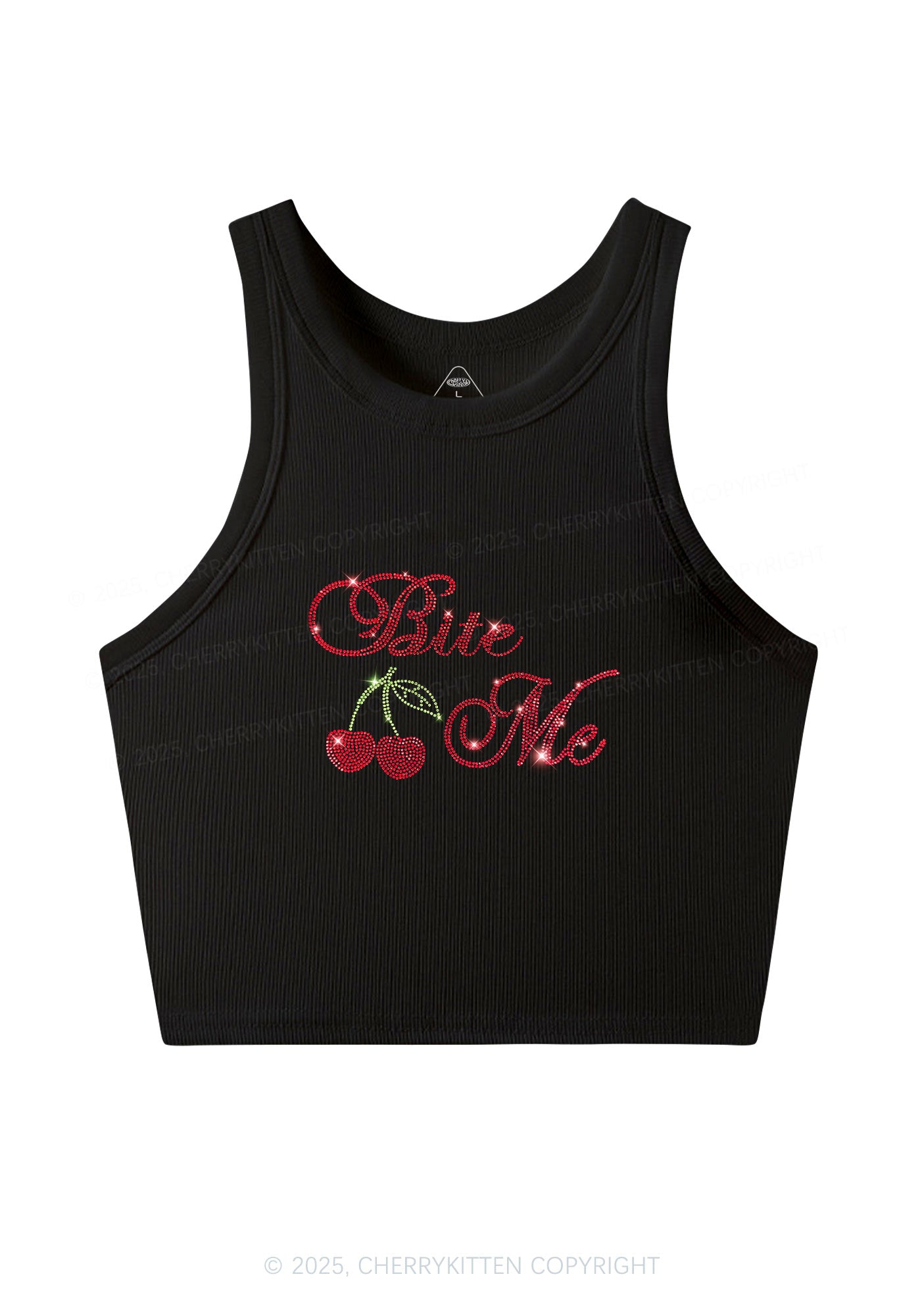 Rhinestone Red Cherry Bite Me Y2K Crop Tank Top Cherrykitten