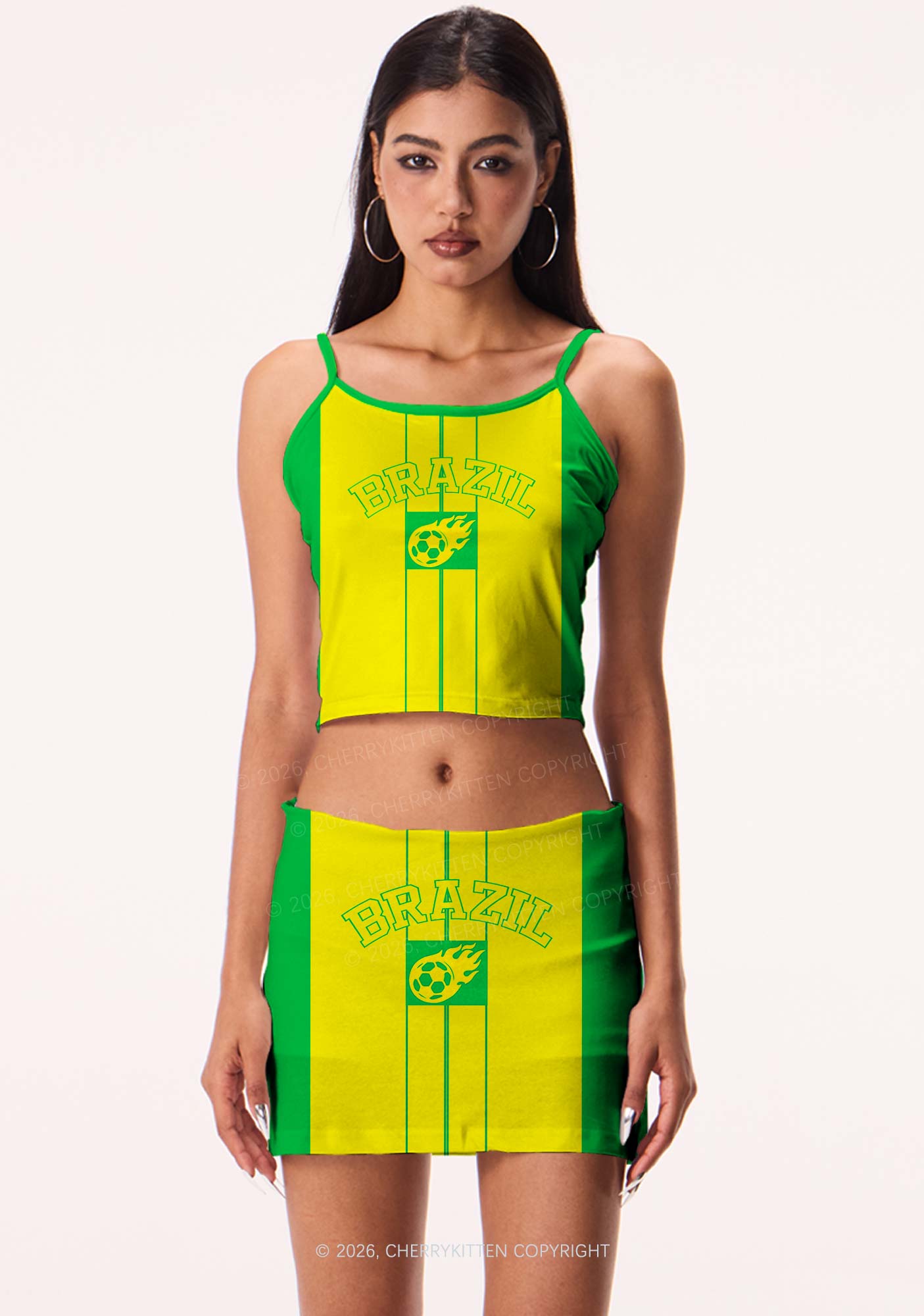 Green Yellow Vertical Stripe Y2K Print Cami Crop Top Cherrykitten