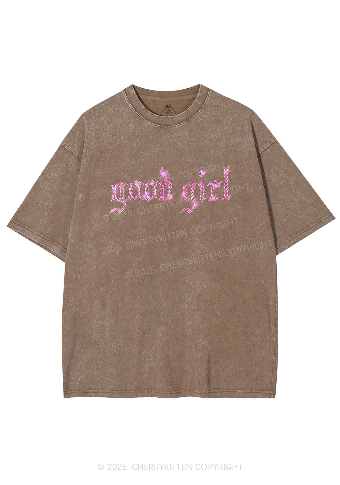 Rhinestone Good Girl Y2K Shirts Washed Tee Cherrykitten