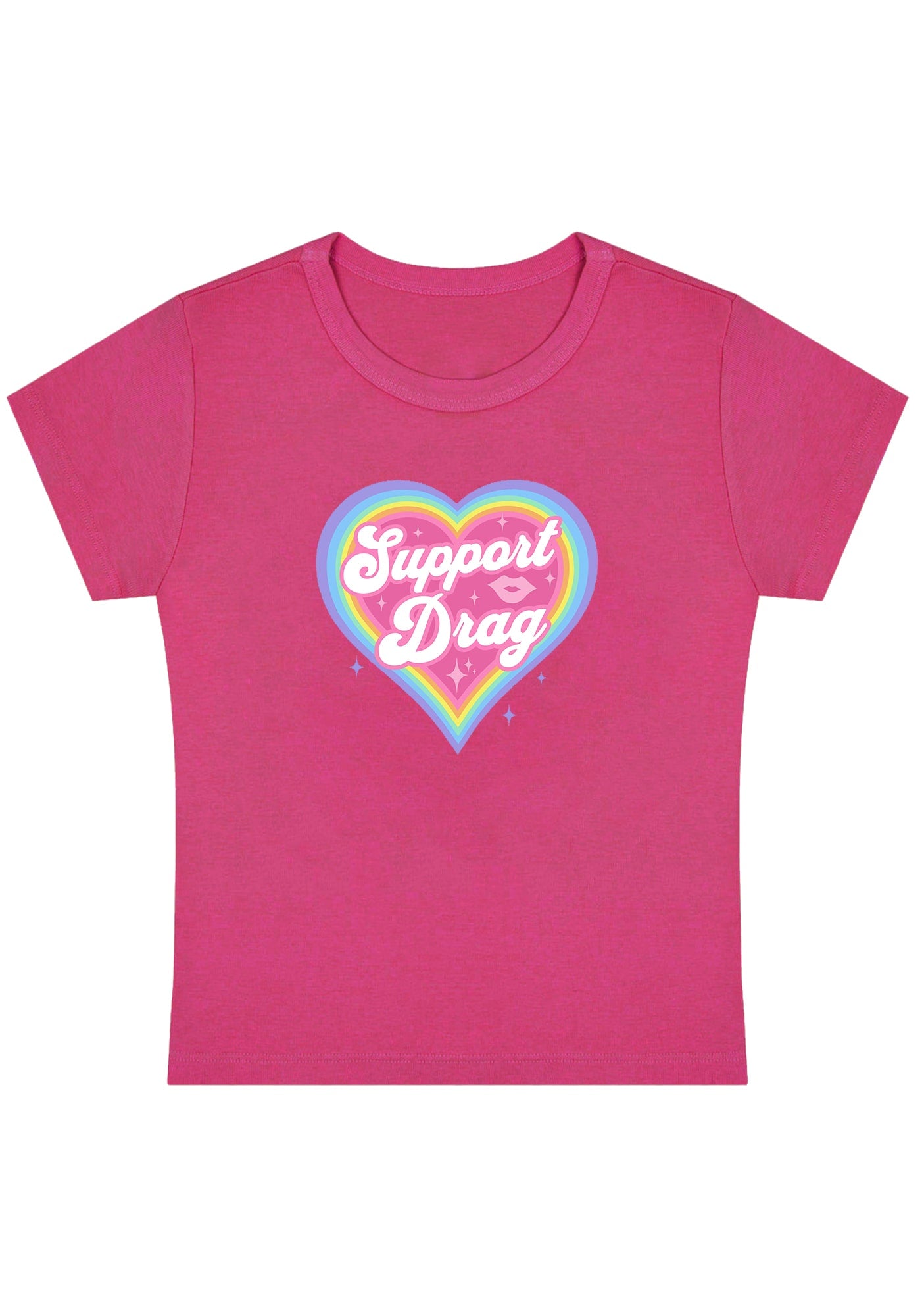 Rainbow Heart Support Drag Lip Print Y2K Baby Tee