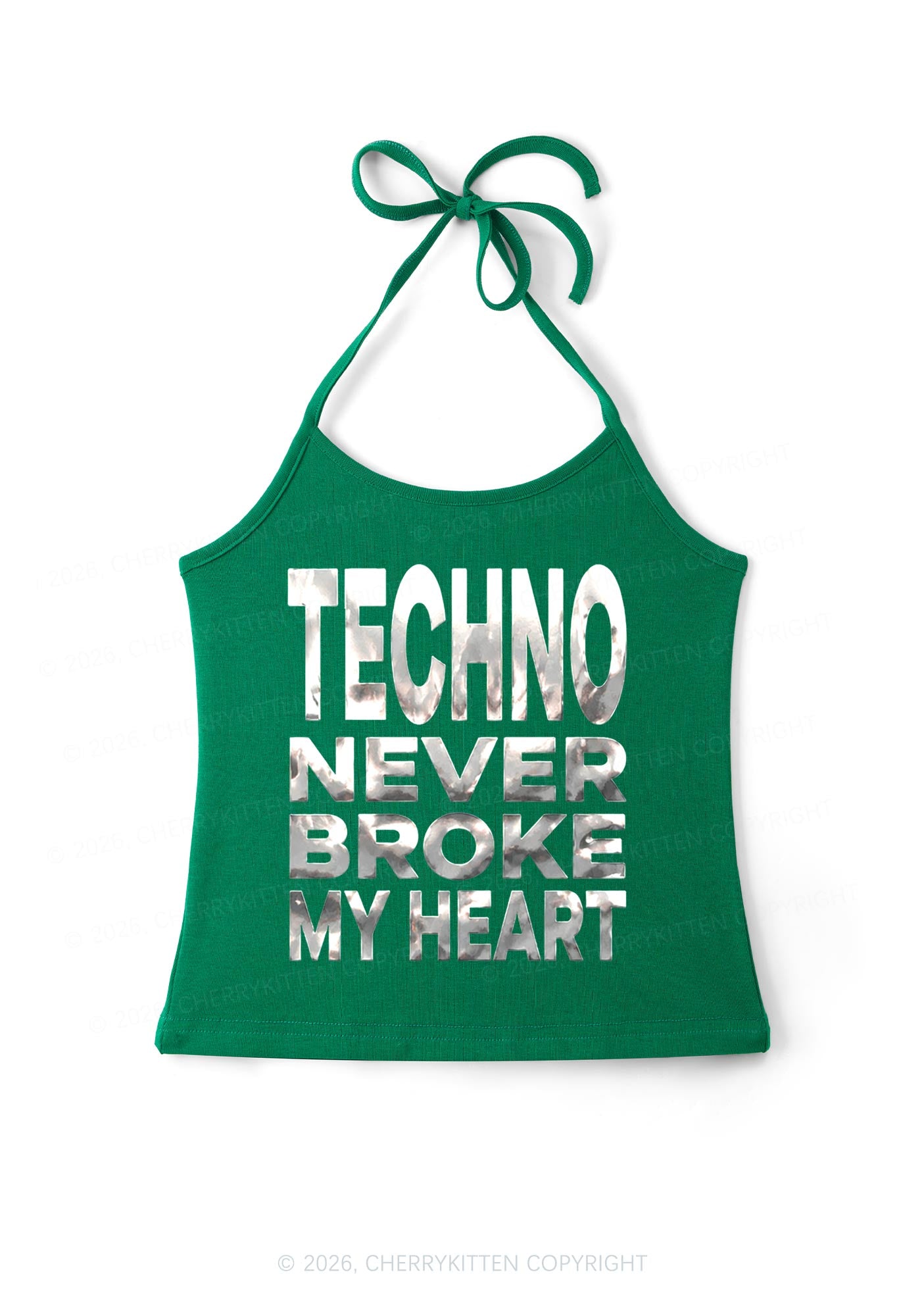 Techno Broke Heart Silver Foil Printed Y2K Halter Neck Cami Cherrykitten