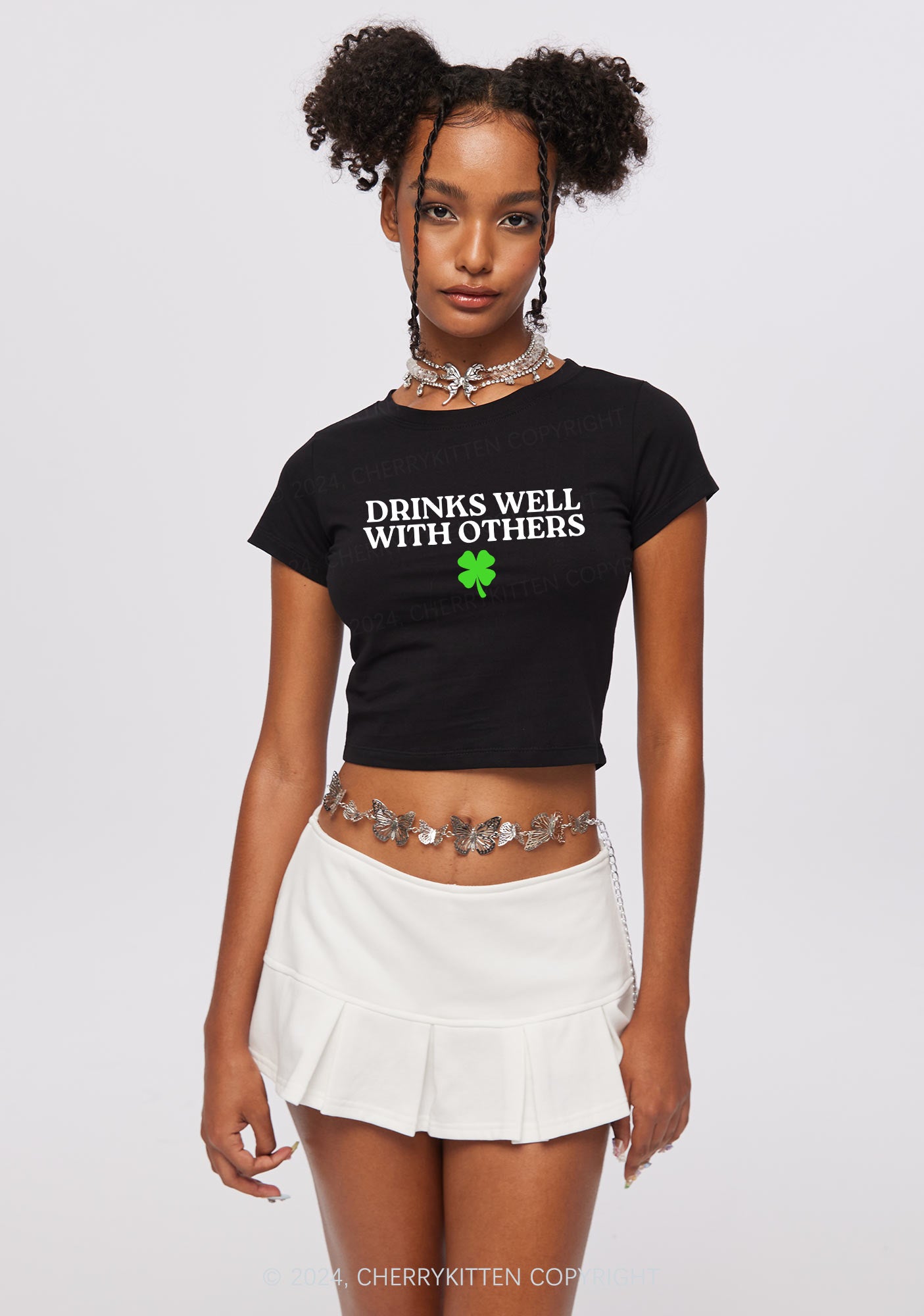 Drinks Well With Others St Patricks Y2K Baby Tee Cherrykitten