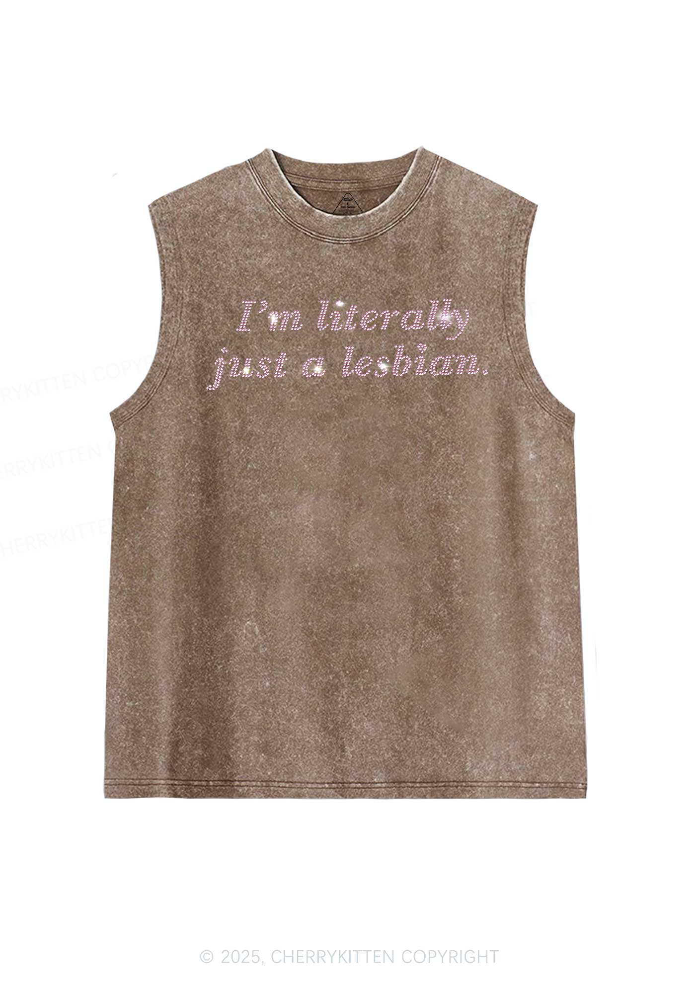 Rhinestone Literally Just A Lesbian Pride Y2K Washed Muscle Tank Cherrykitten