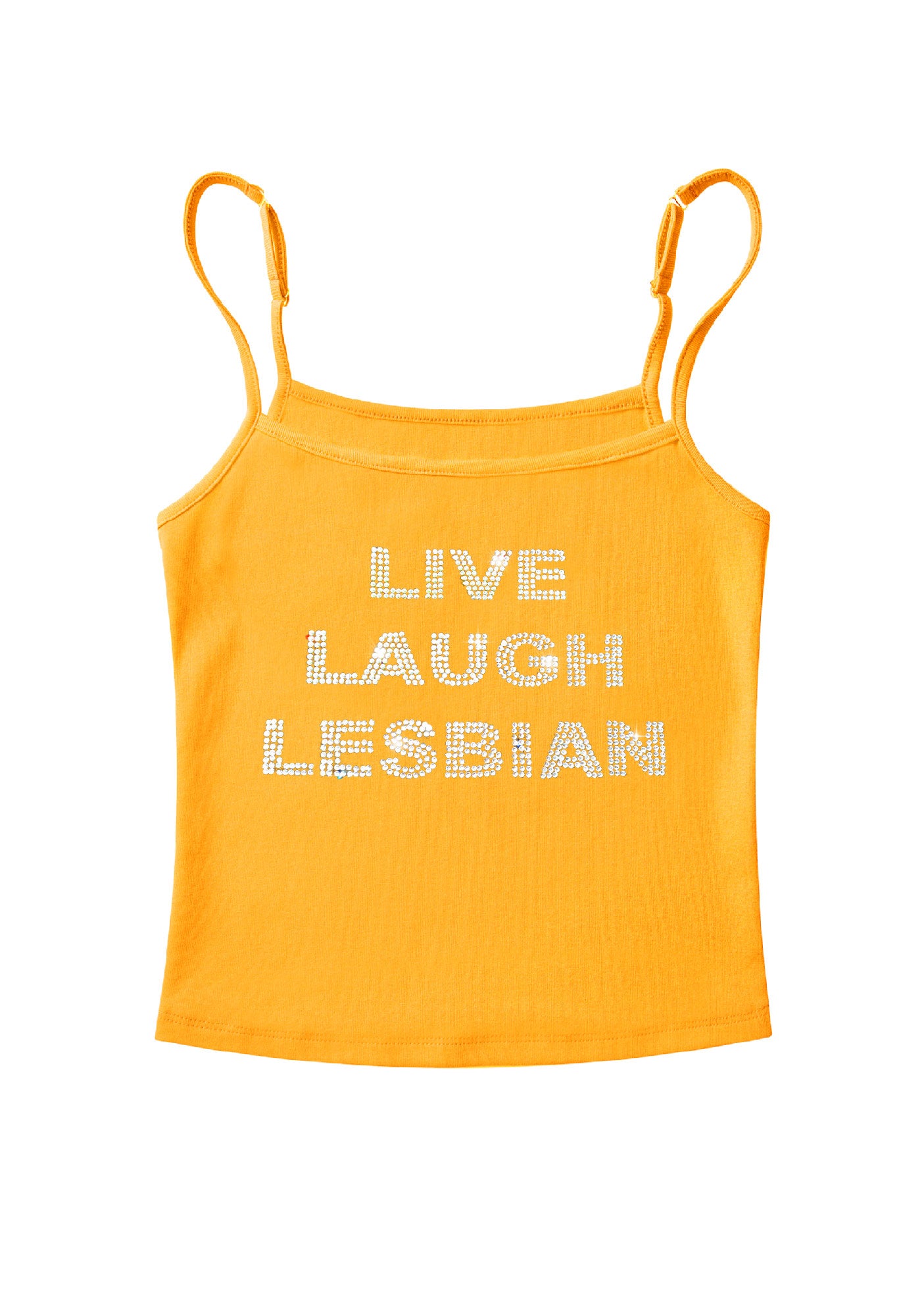 Rhinestone Live Laugh Lesbian Pride Y2K Spaghetti Strap Cami Cherrykitten