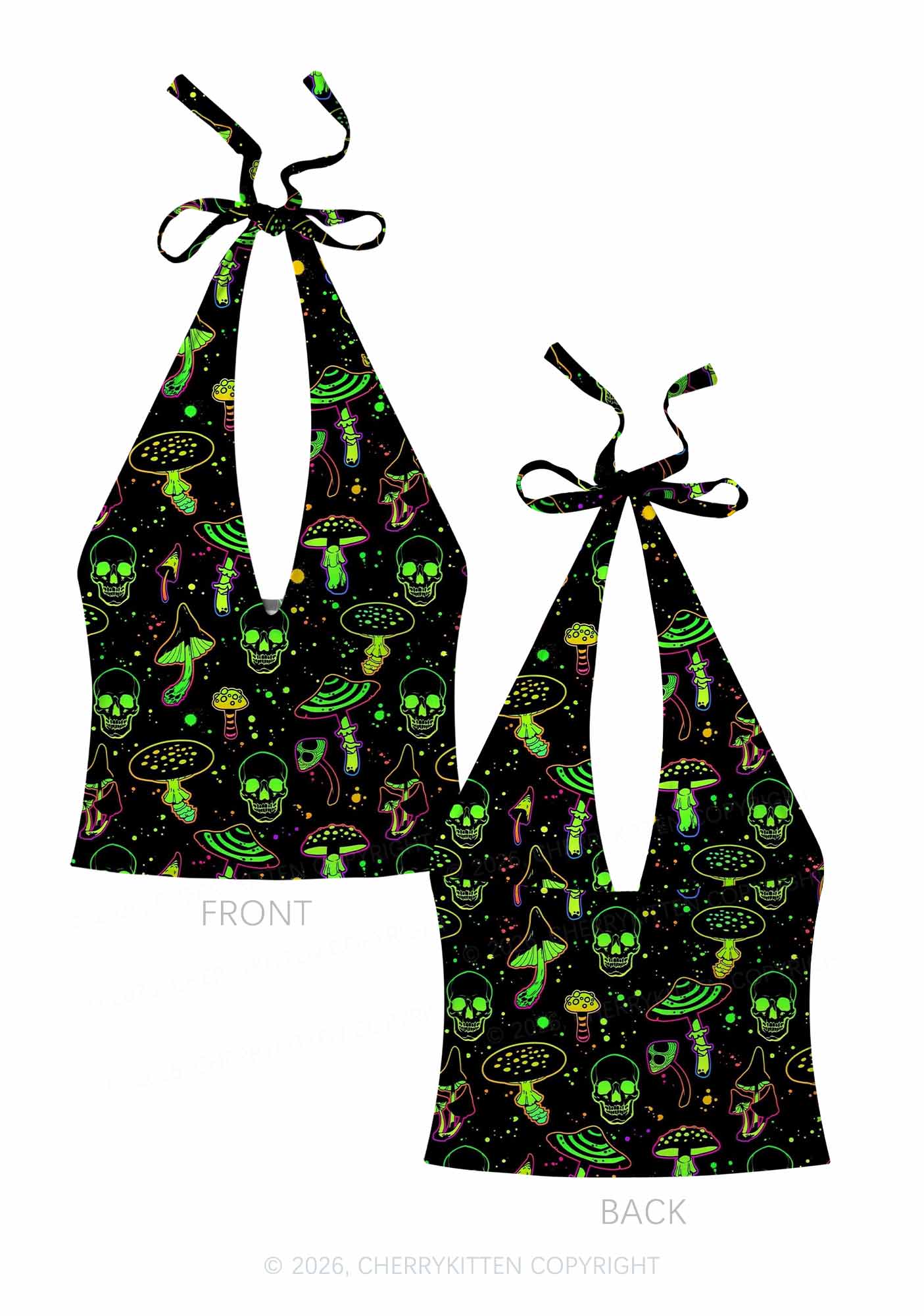 Neon Skull Mushroom Y2K Print Halter Deep V Neck Cami Cherrykitten