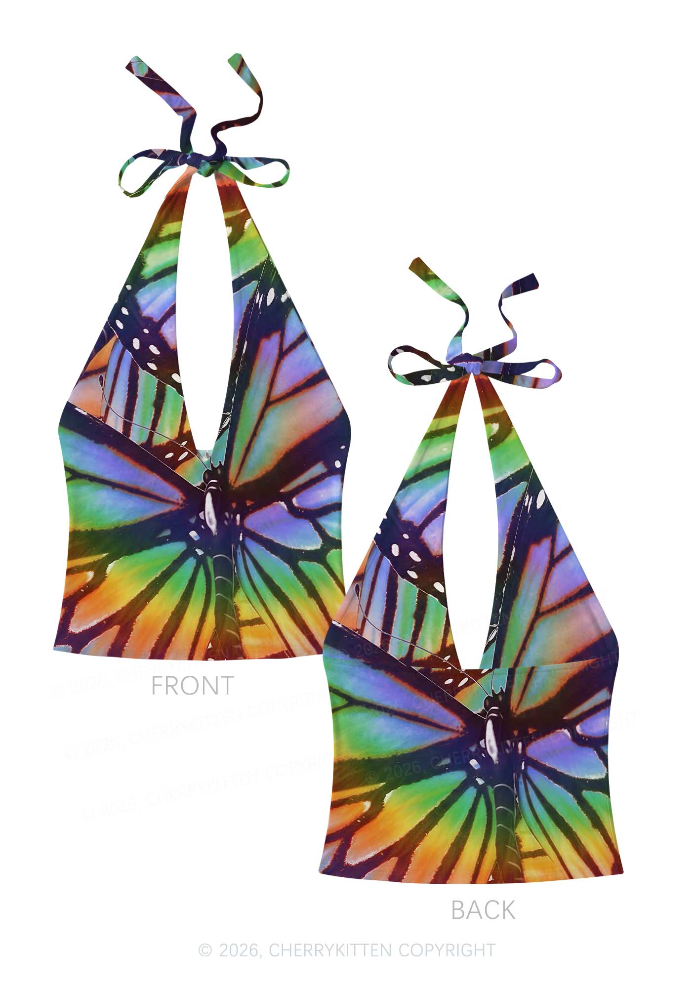 Rainbow Butterfly Y2K Print Halter Deep V Neck Cami Cherrykitten