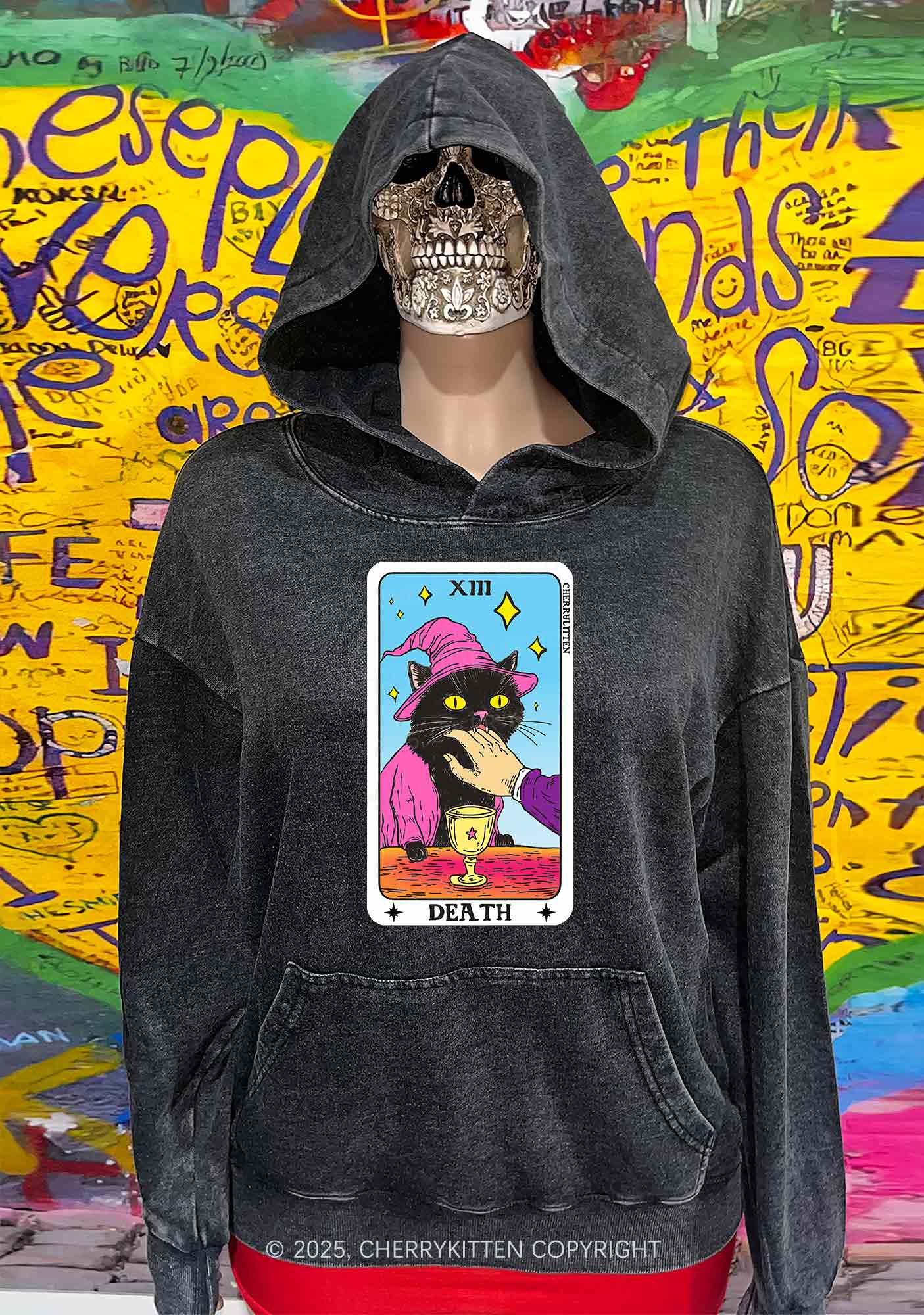 Halloween Death Black Cat Y2K Washed Hoodie Cherrykitten