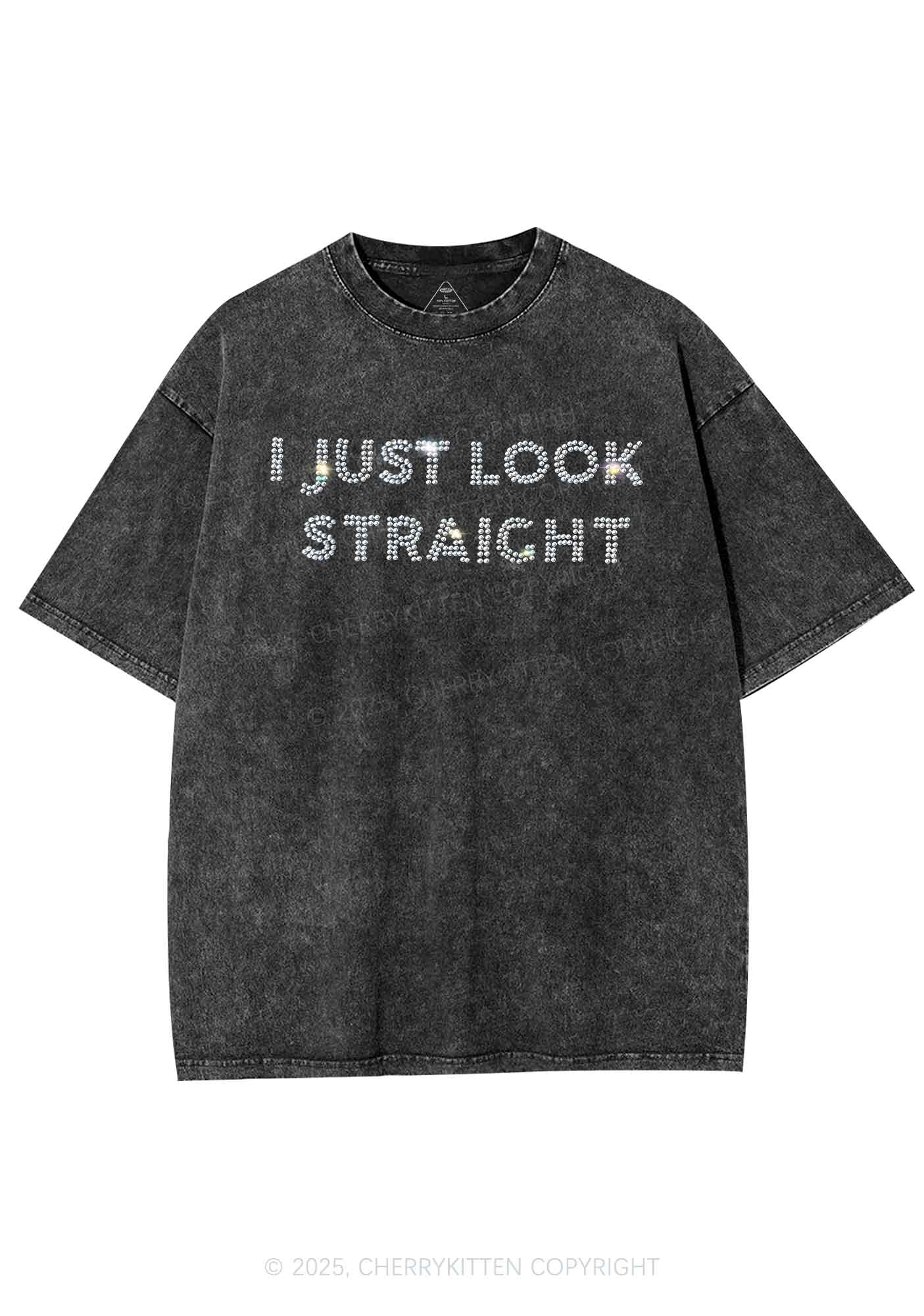 Rhinestone I Just Look Straight Pride Y2K Shirts Washed Tee Cherrykitten