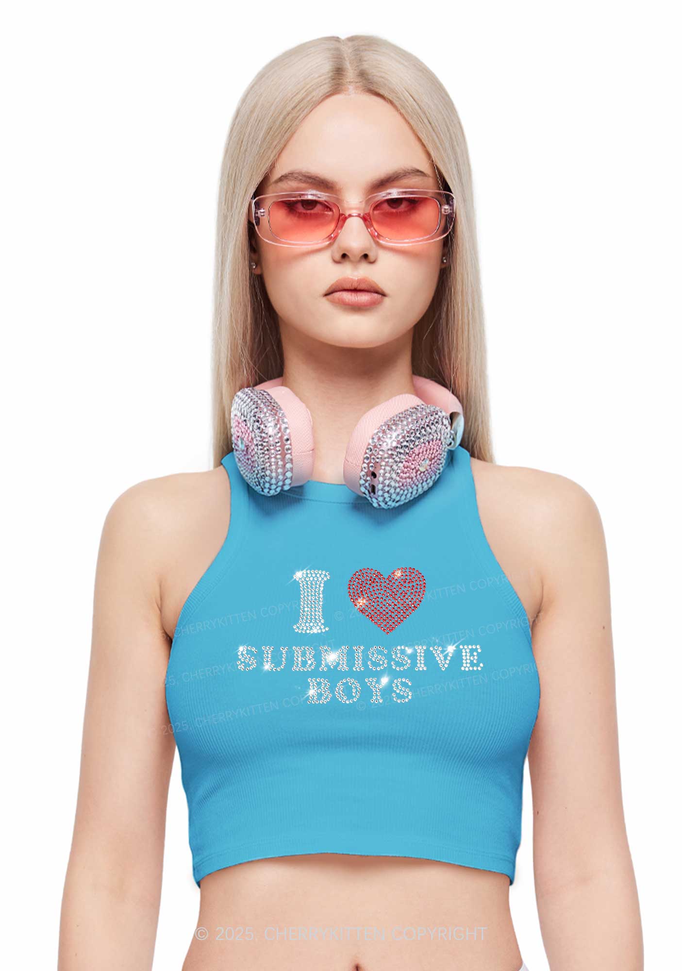 Rhinestone I Love S Boys Y2K Crop Tank Top Cherrykitten