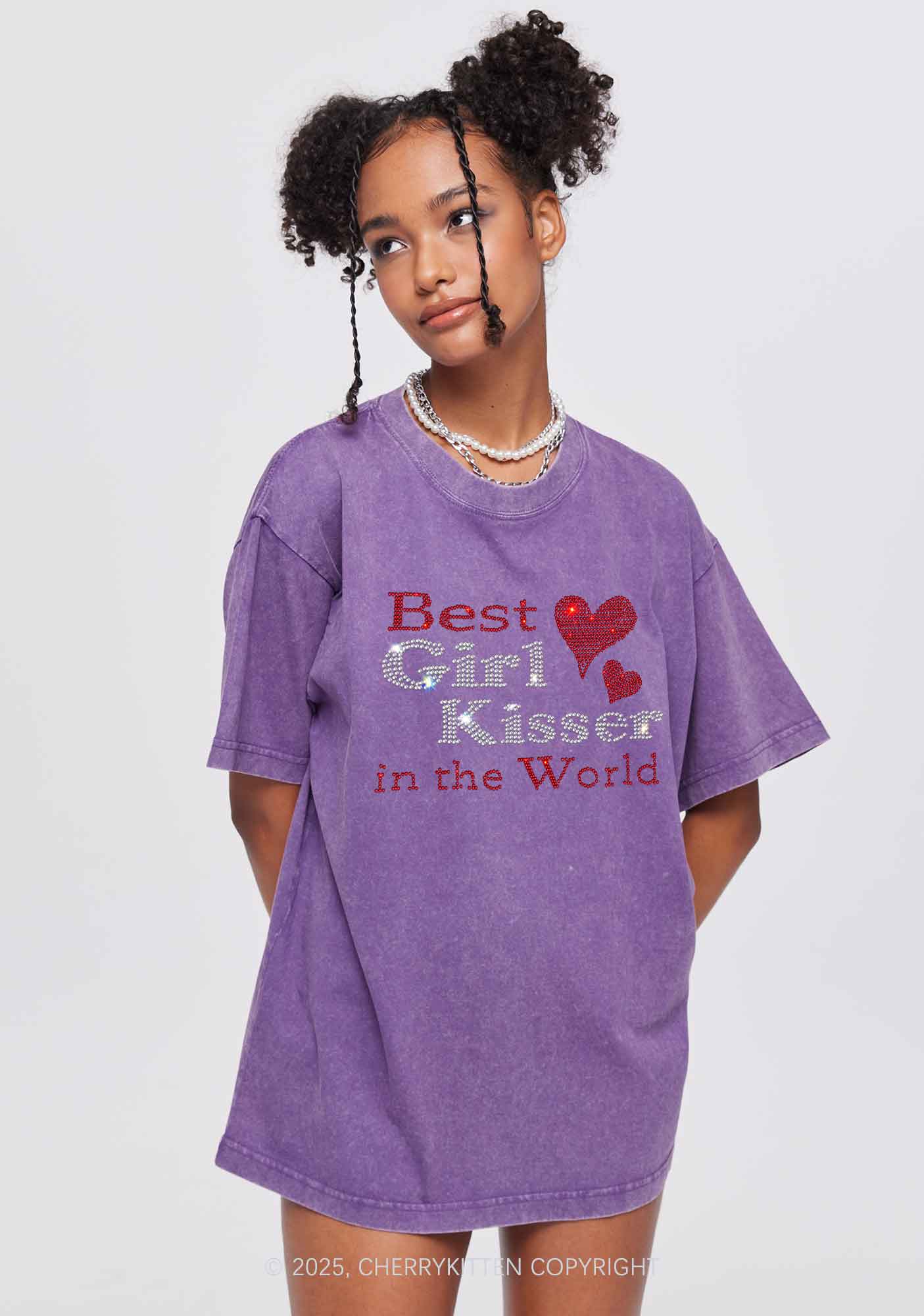 Rhinestone Best Girl Kisser Pride Y2K Shirts Washed Tee Cherrykitten